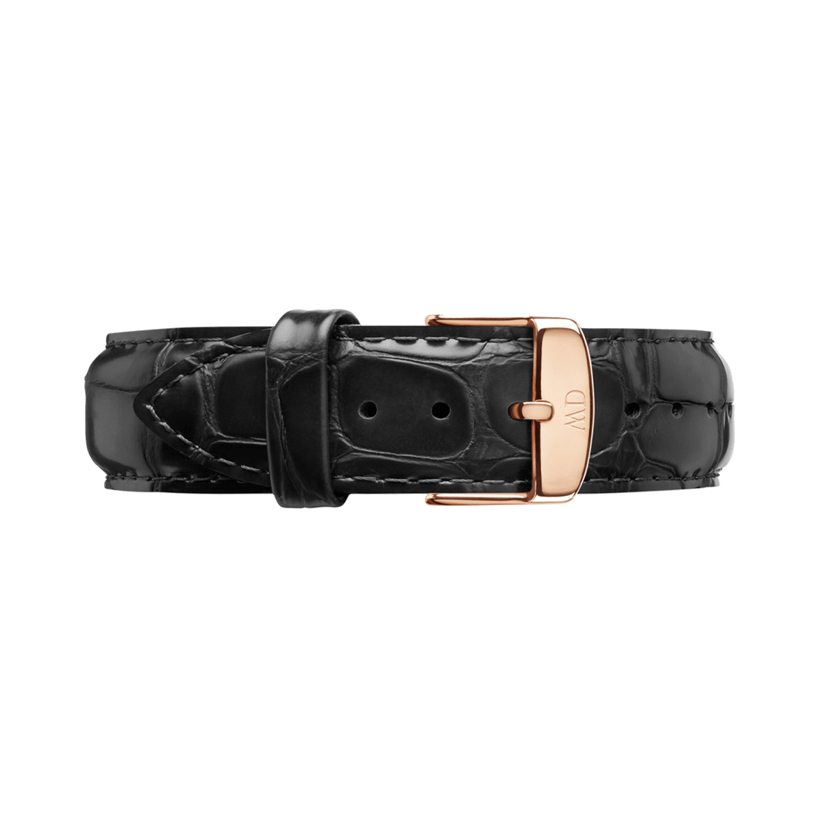 Black croc-embossed genuine leather watch strap with a polished rose gold buckle engraved with the DW logo.