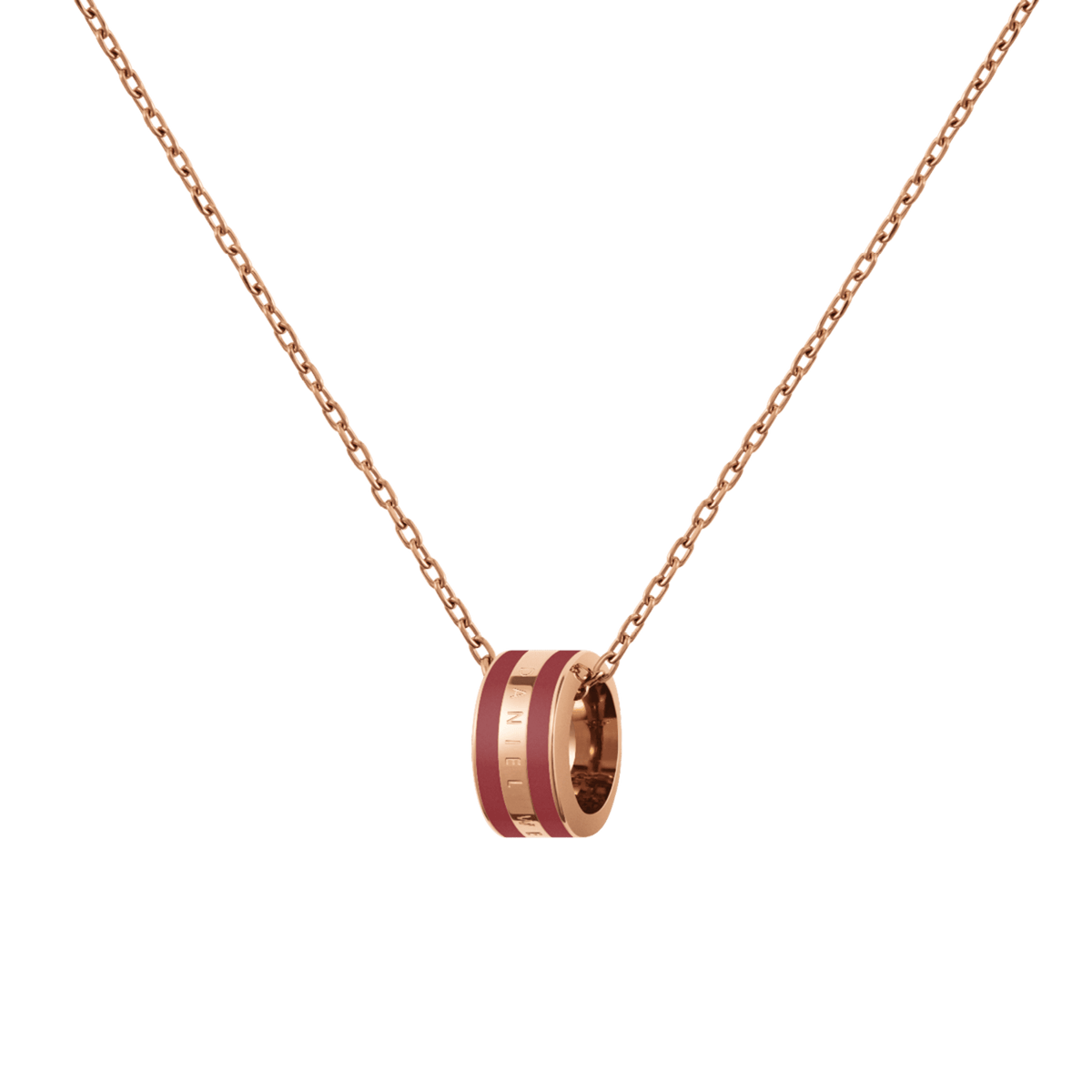 Rose gold necklace with a delicate chain and a barrel-shaped pendant featuring cherry blush enamel and engraved detailing.