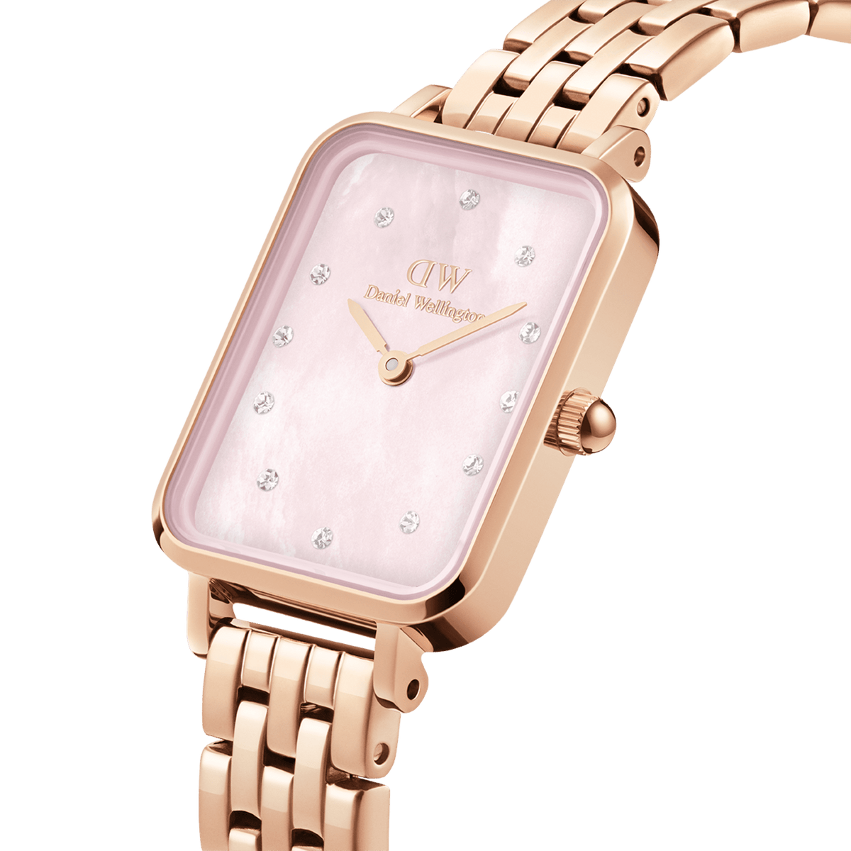Rose gold women’s watch with a rectangular case, pink mother of pearl dial, crystal hour markers, and a polished five-link bracelet.