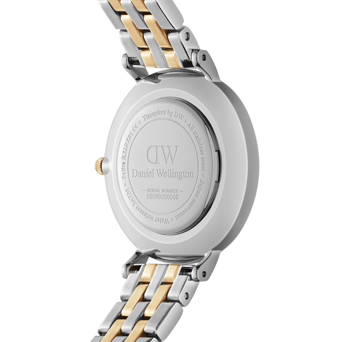 Close-up of the back of the Petite Lumine 5-link two-tone women’s watch, showing the engraved Daniel Wellington logo on the stainless steel case and the two-tone silver and gold bracelet.