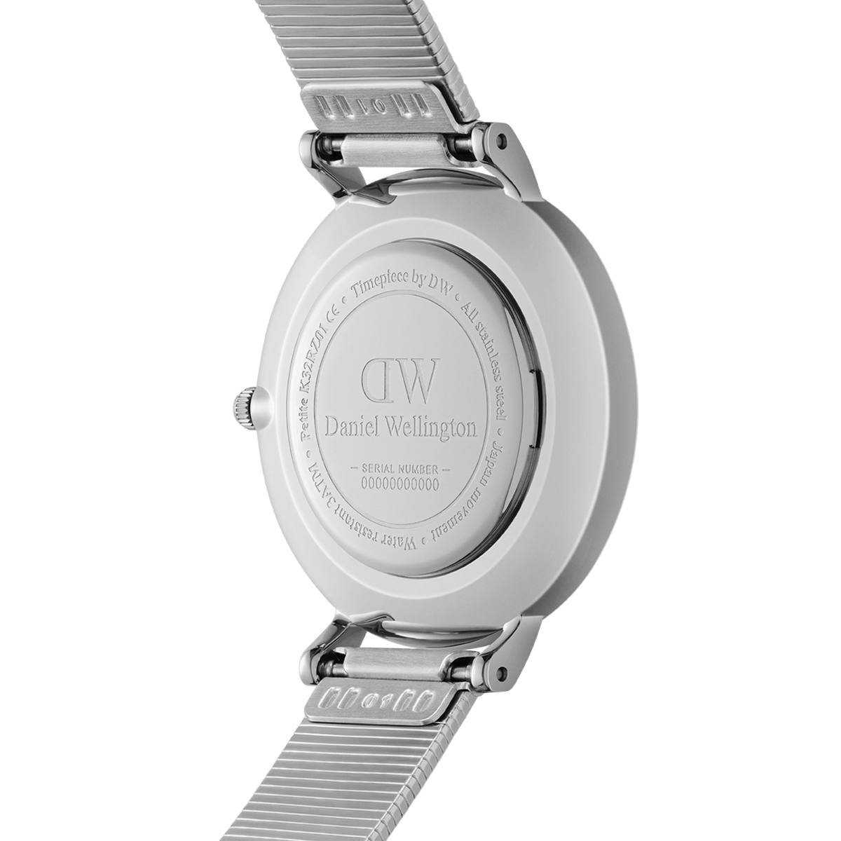 Back view of Petite Lumine Pressed Piano Silver watch showing engraved case and stainless steel strap detail.