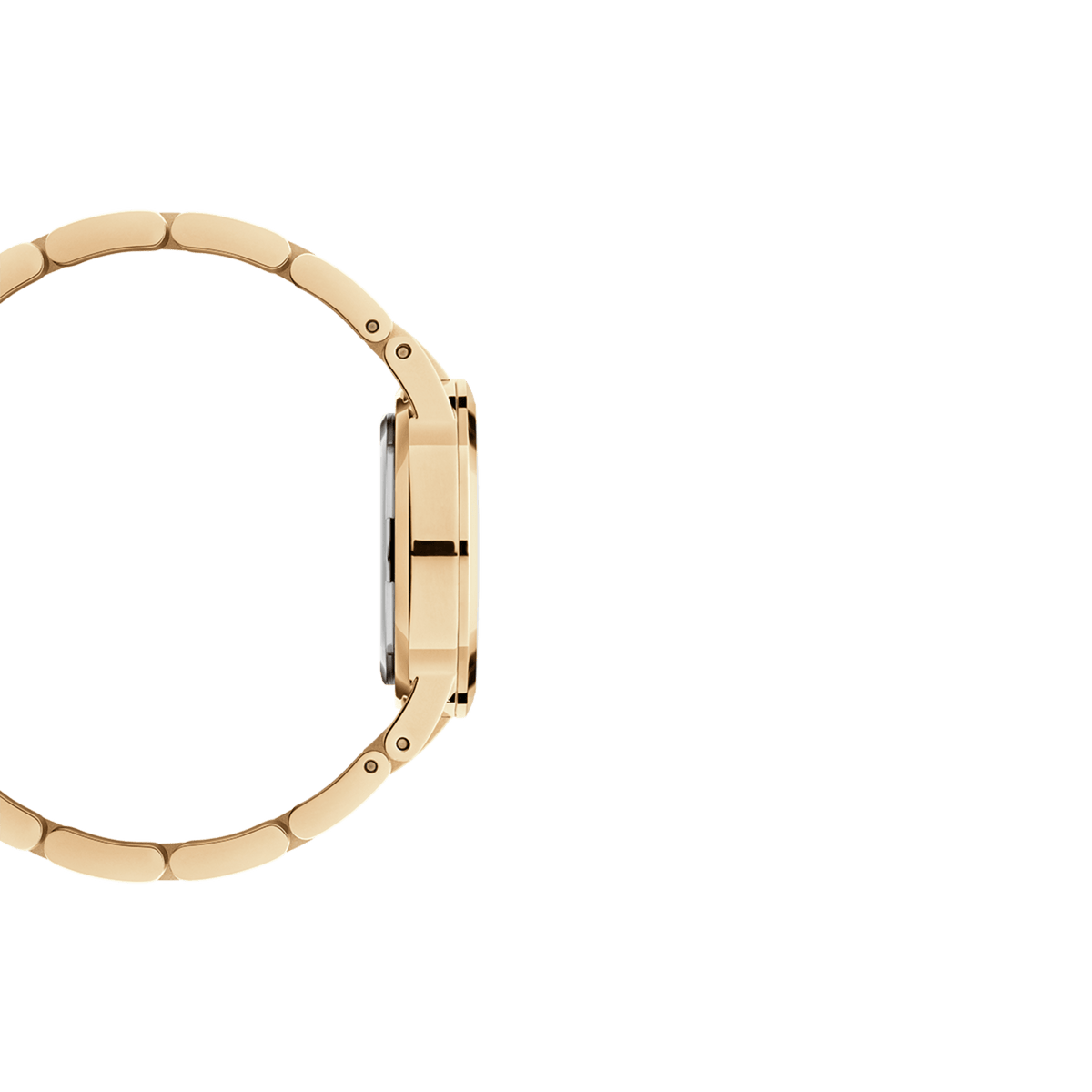 Side profile of Daniel Wellington Iconic Link Unitone G gold women’s watch with slim case and polished gold link bracelet.