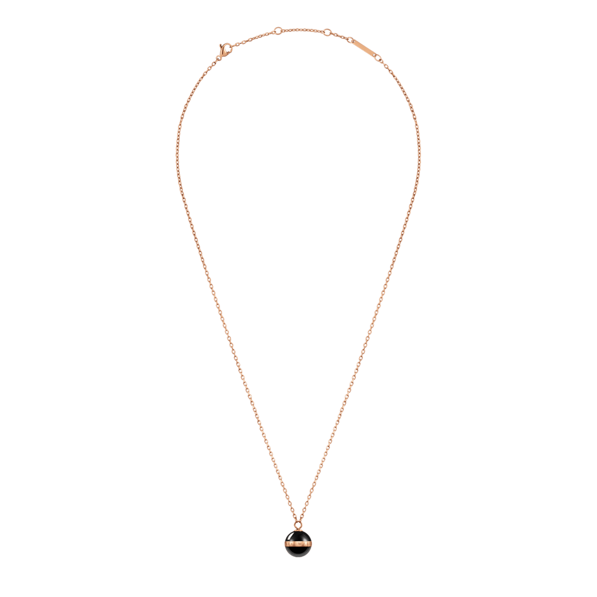 Aspiration Necklace Rose Gold Black featuring an adjustable rose gold chain with a black ceramic sphere pendant accented by a polished rose gold plated band engraved with the signature logo.