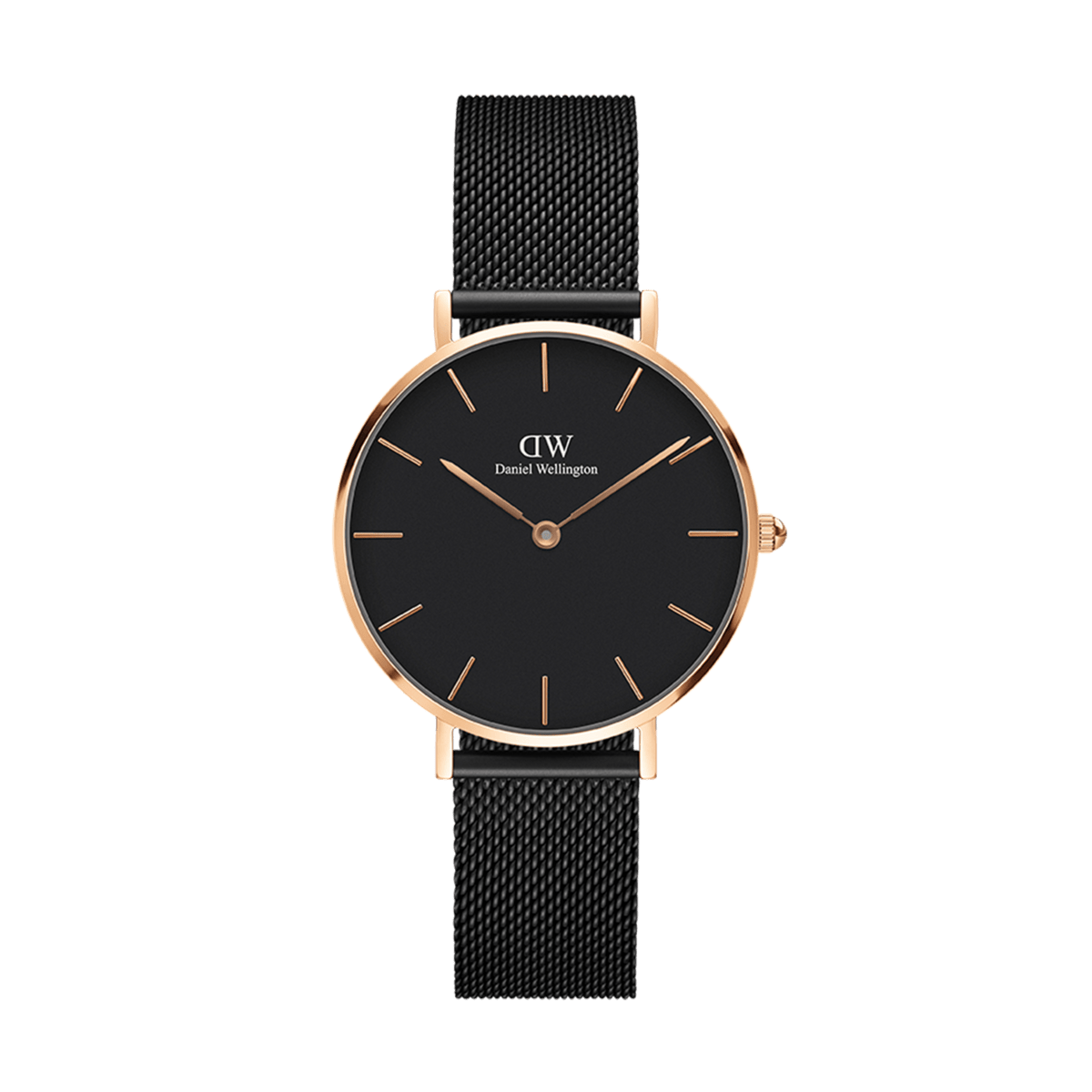 Minimalist women's Petite Ashfield watch with a matte black dial, rose gold case, and an adjustable black mesh strap.