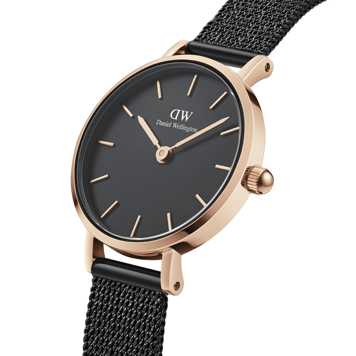 Daniel Wellington Petite Pressed Ashfield watch with a slim rose gold case, minimalist black dial, and an elegant black pressed mesh strap.