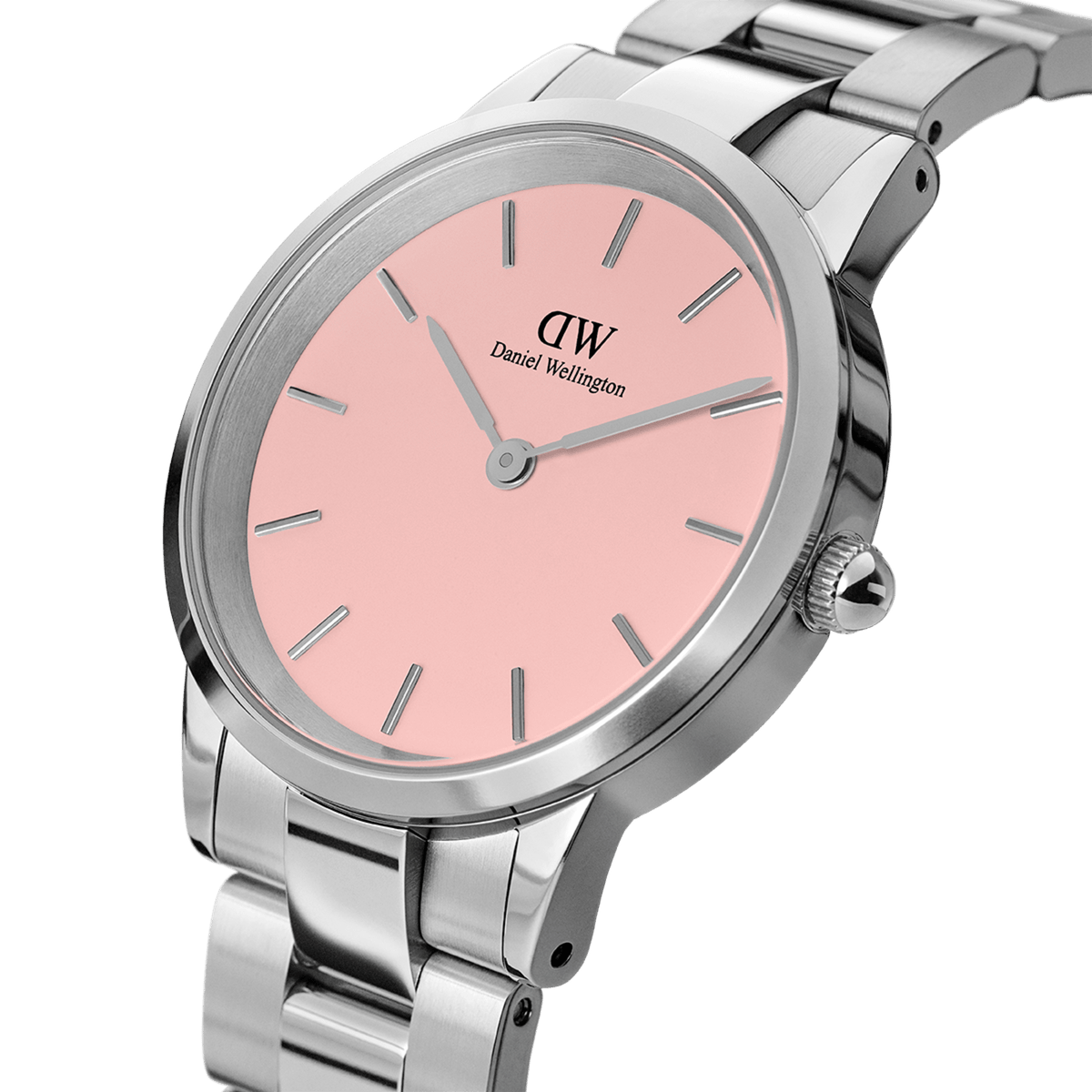 Close-up of the Daniel Wellington Iconic Link Blush watch showing its pastel pink dial, minimalist silver markers, and polished stainless steel bracelet.