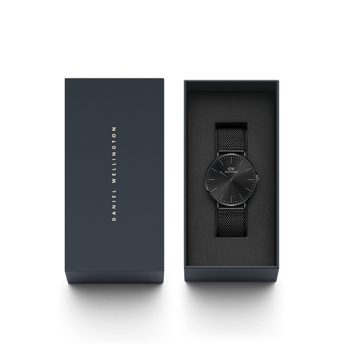 Classic Mesh Onyx Black watch with a black sunray dial and mesh strap, elegantly presented in a Daniel Wellington gift box.