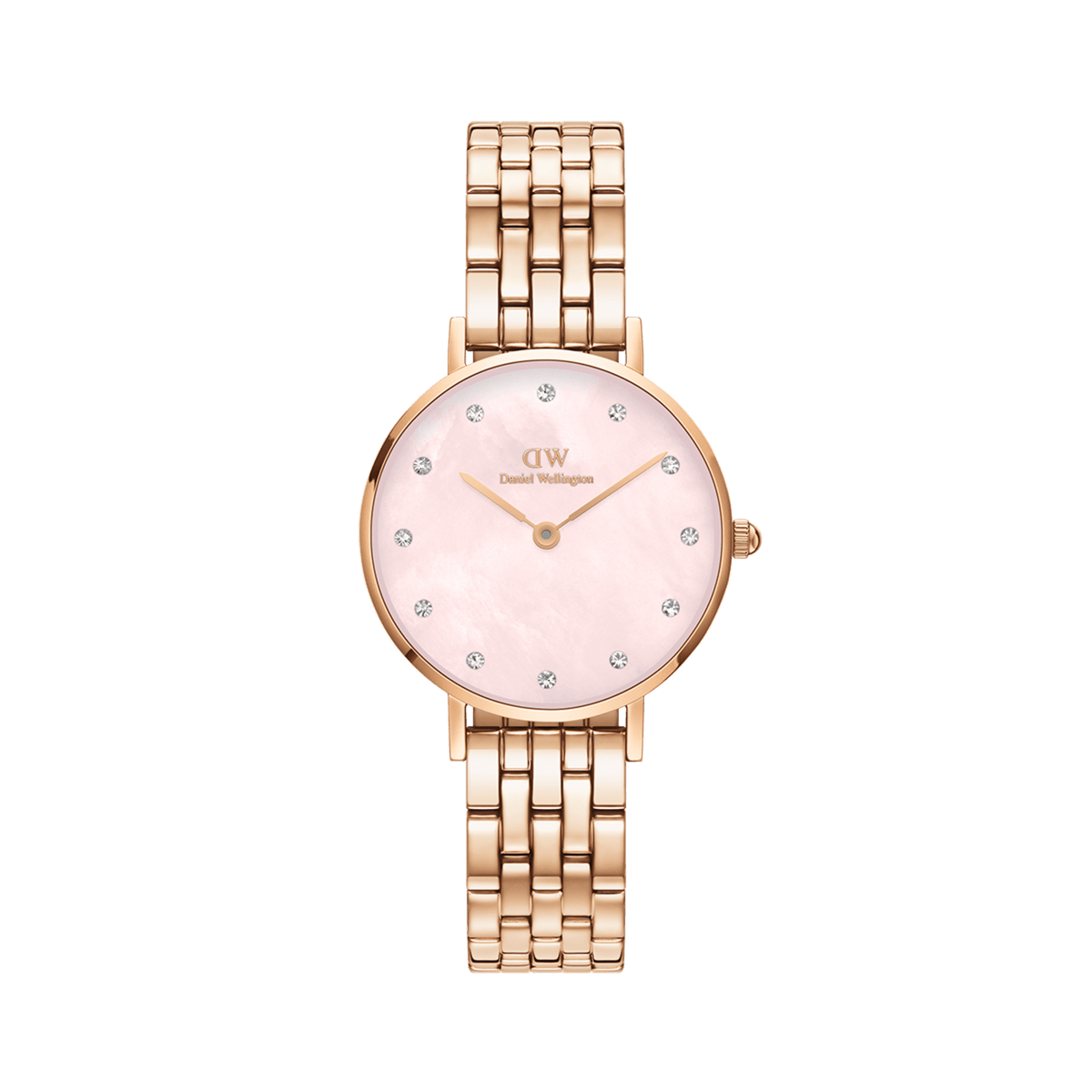 Rose gold women’s watch with a five-link bracelet, featuring a petite round case, pink mother of pearl dial, and crystal hour markers.