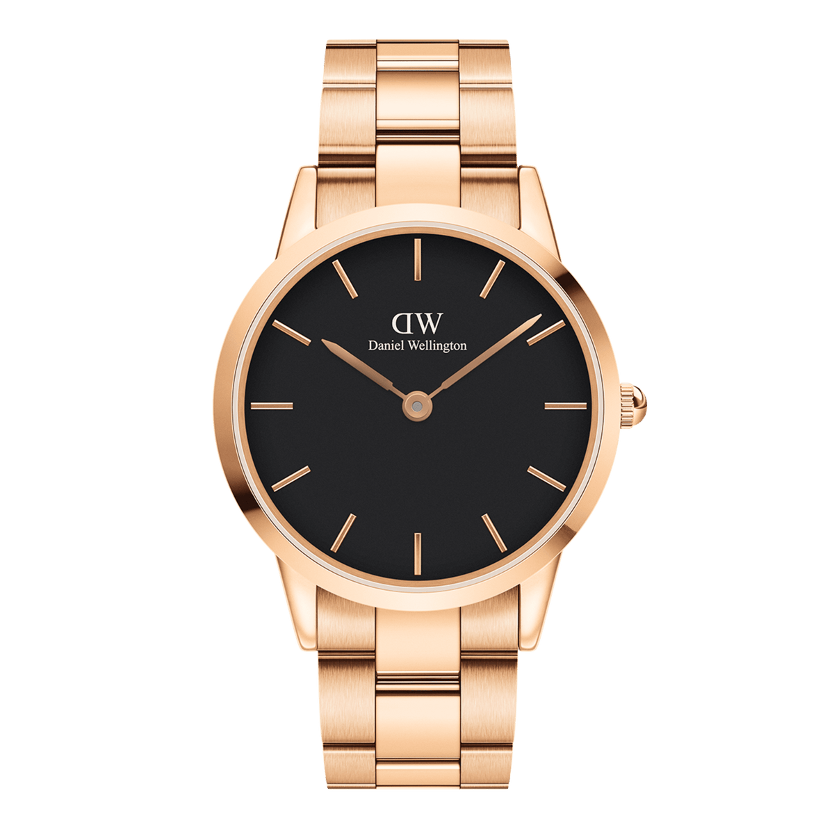 Daniel Wellington Iconic Link Rose Gold watch with black dial and polished rose gold stainless steel bracelet, unisex design.
