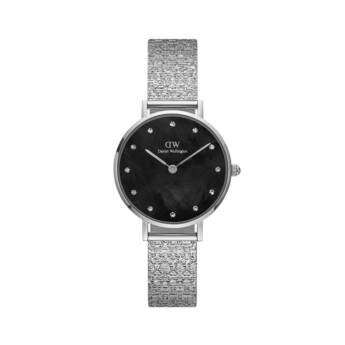 Petite Lumine Pressed Piano Silver women’s watch with black mother of pearl dial, crystal markers, and polished mesh strap.