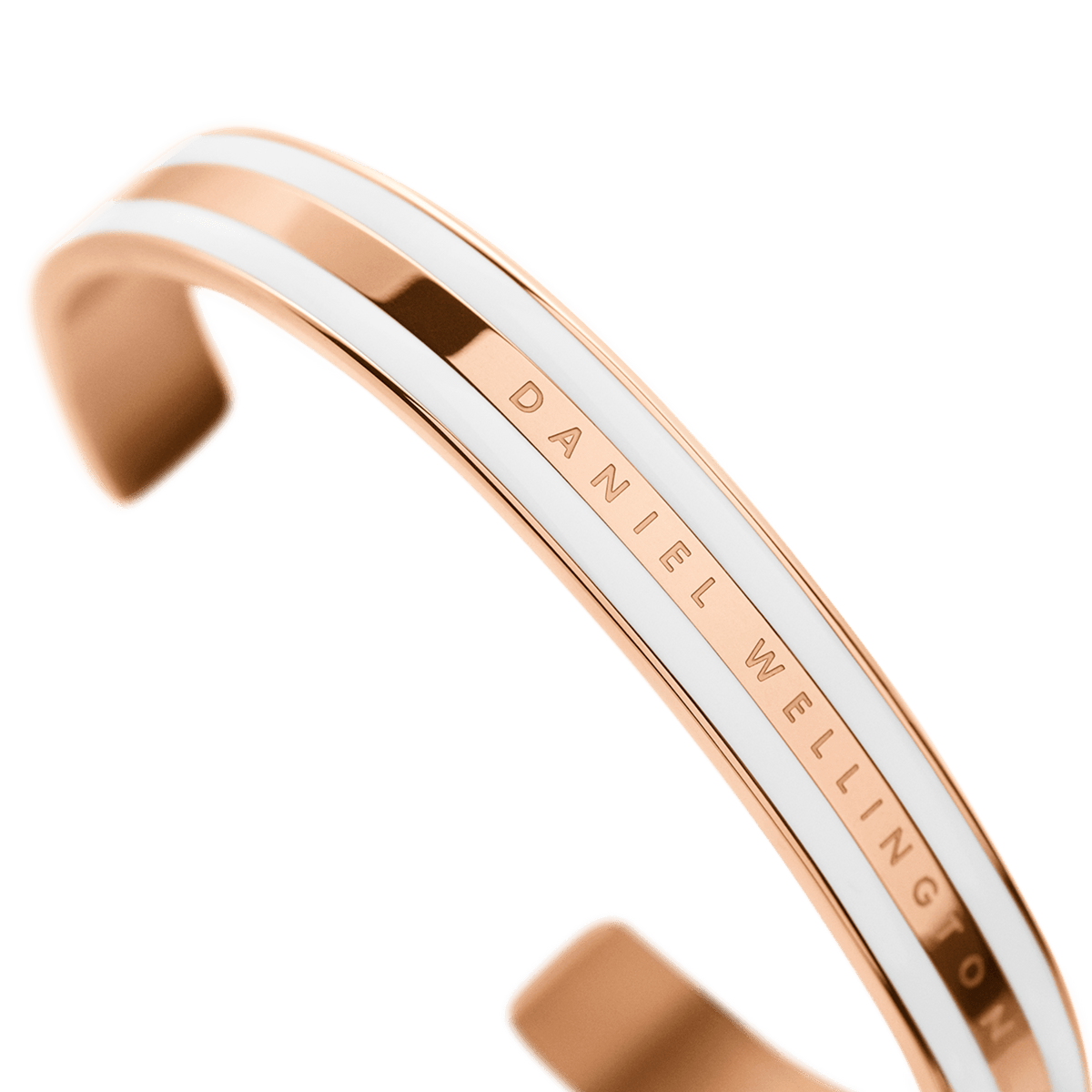 Detail view of the Emalie Bracelet Satin White Rose Gold, highlighting the satin white enamel stripe and engraved Daniel Wellington logo on the rose gold cuff.
