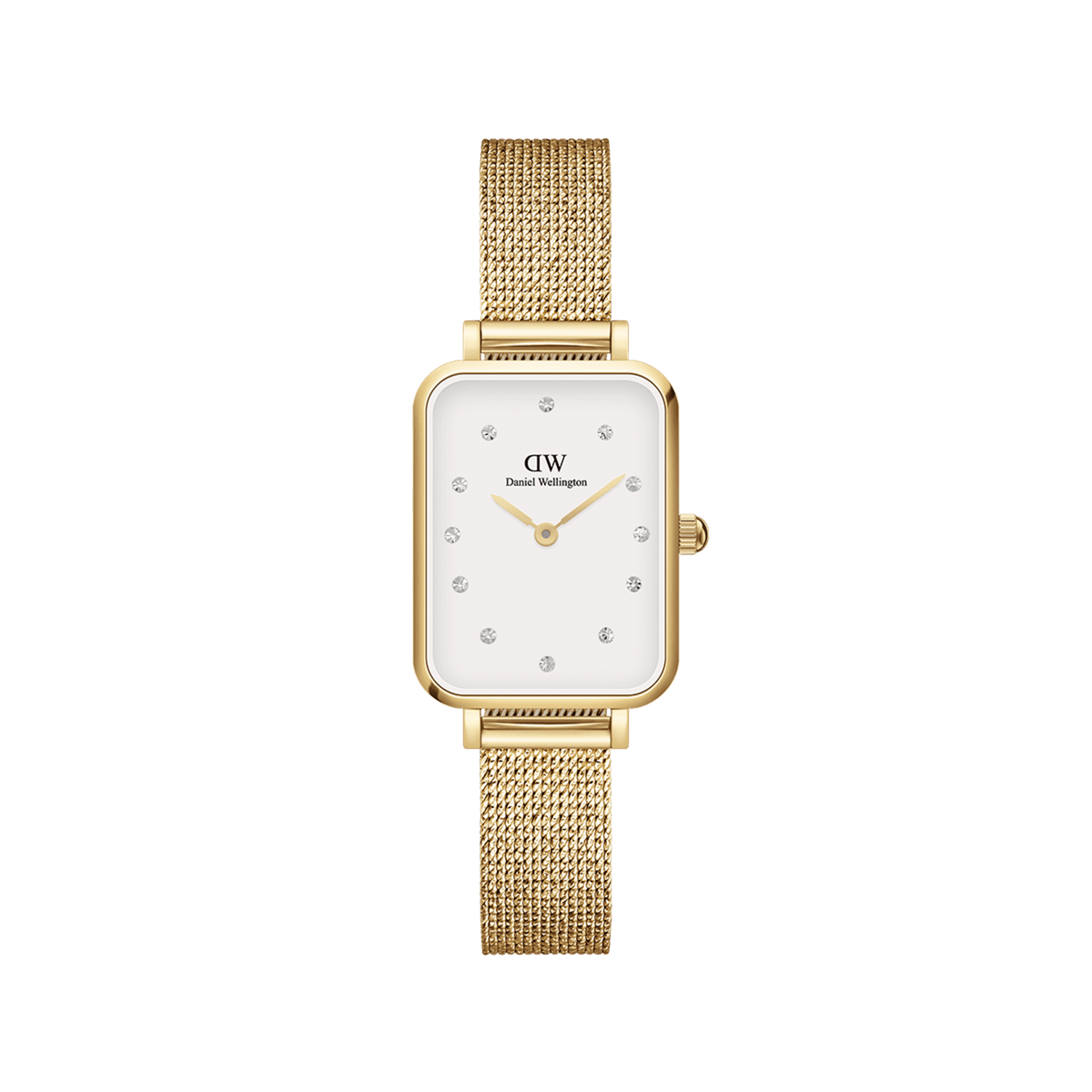 Rectangular gold Daniel Wellington Quadro Lumine Pressed Evergold watch with an eggshell white dial, crystal hour markers, and a fine gold-tone mesh strap.