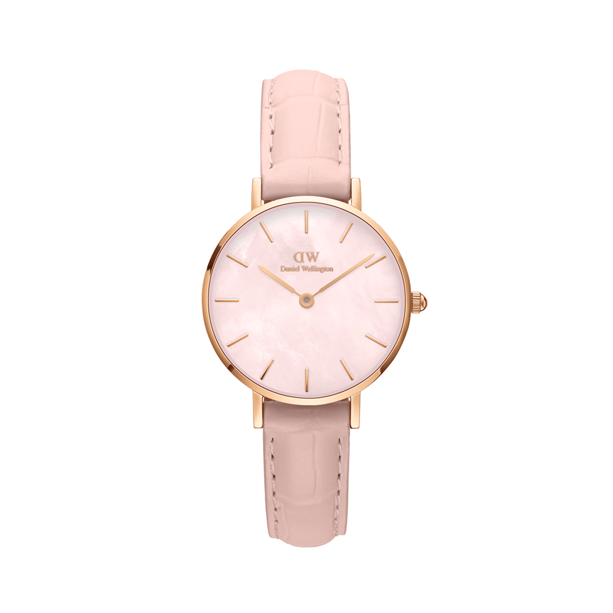 Rose gold women’s watch with pink mother-of-pearl dial and nude pink croc-pattern leather strap, minimalist design.