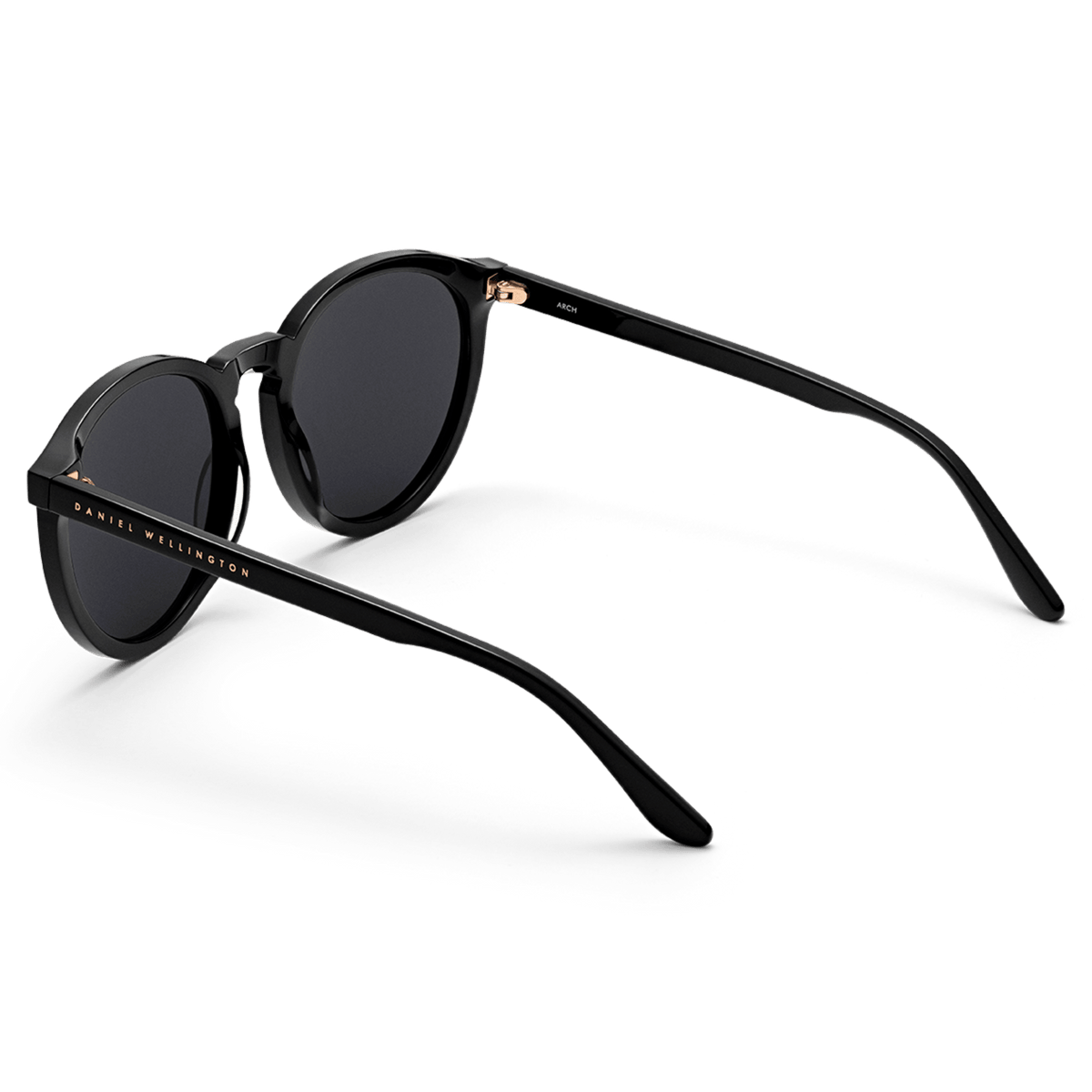 Arch Bio-Acetate Black sunglasses with round black frames, dark lenses, and gold Daniel Wellington branding along the arm.