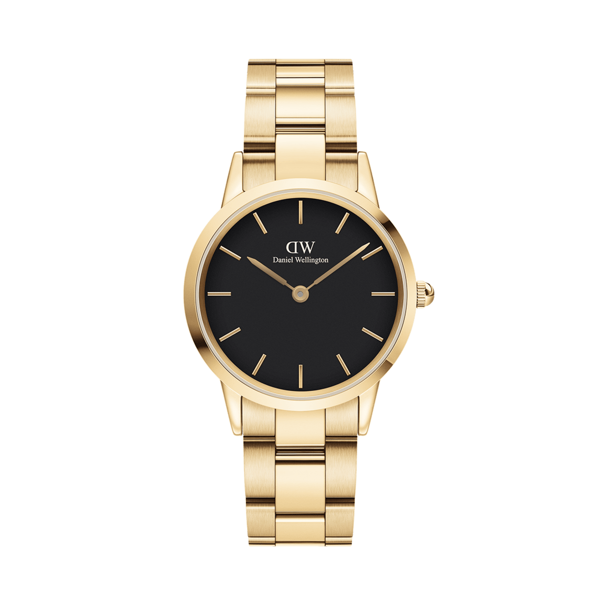 Daniel Wellington Iconic Link Gold women’s watch with black minimalist dial and gold-plated stainless steel bracelet.