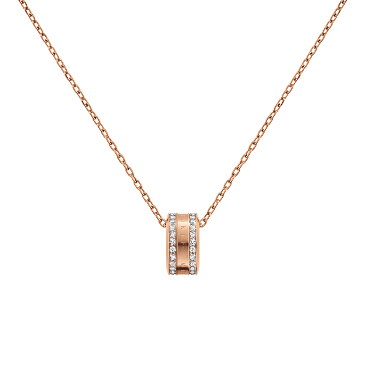 Rose gold Elan Lumine Necklace featuring a fine cable chain and a central barrel pendant adorned with sparkling crystals.