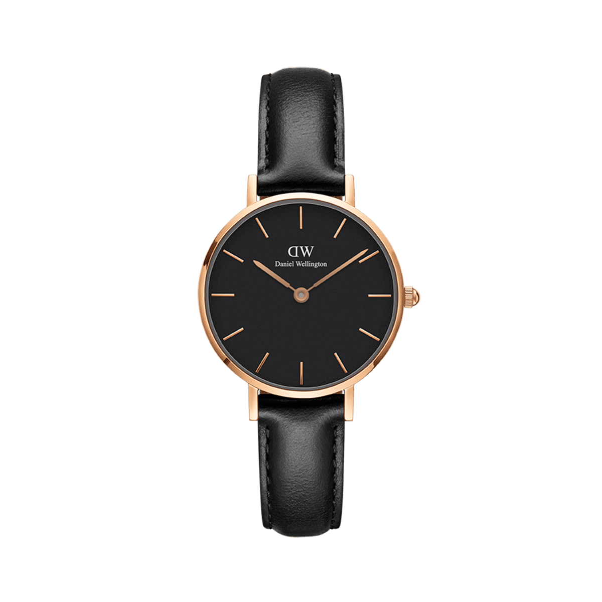 Daniel Wellington Petite Sheffield women’s watch with a black minimalist dial, rose gold case, and genuine black leather strap.