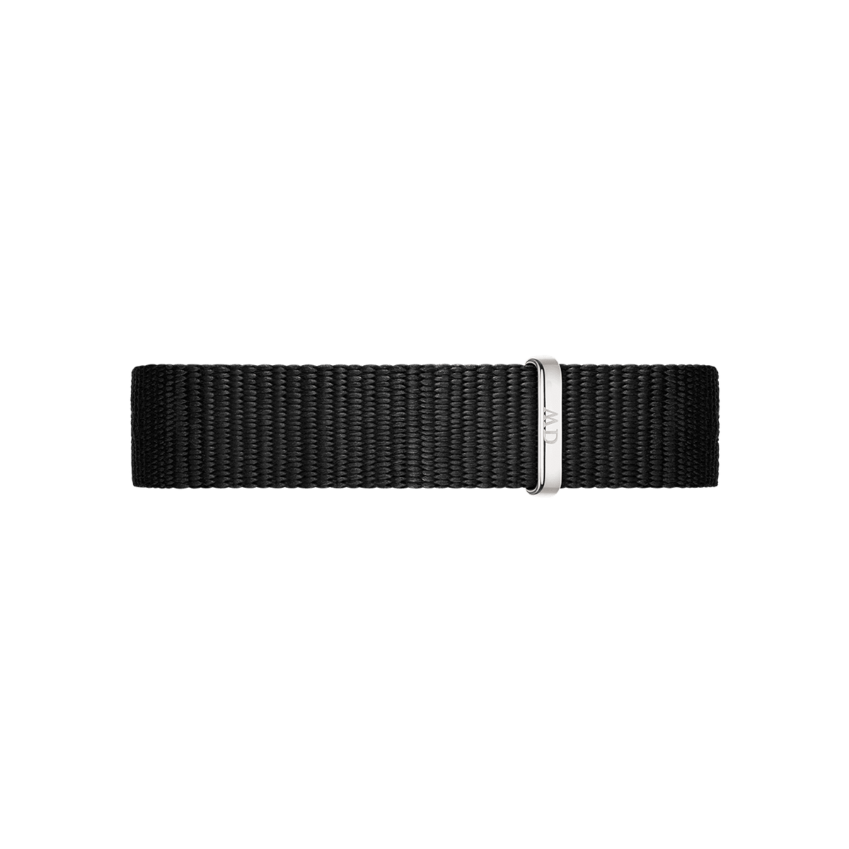 Black NATO polyester watch strap with a polished silver buckle engraved with the Daniel Wellington logo, designed for the Petite Cornwall Black Silver watch.