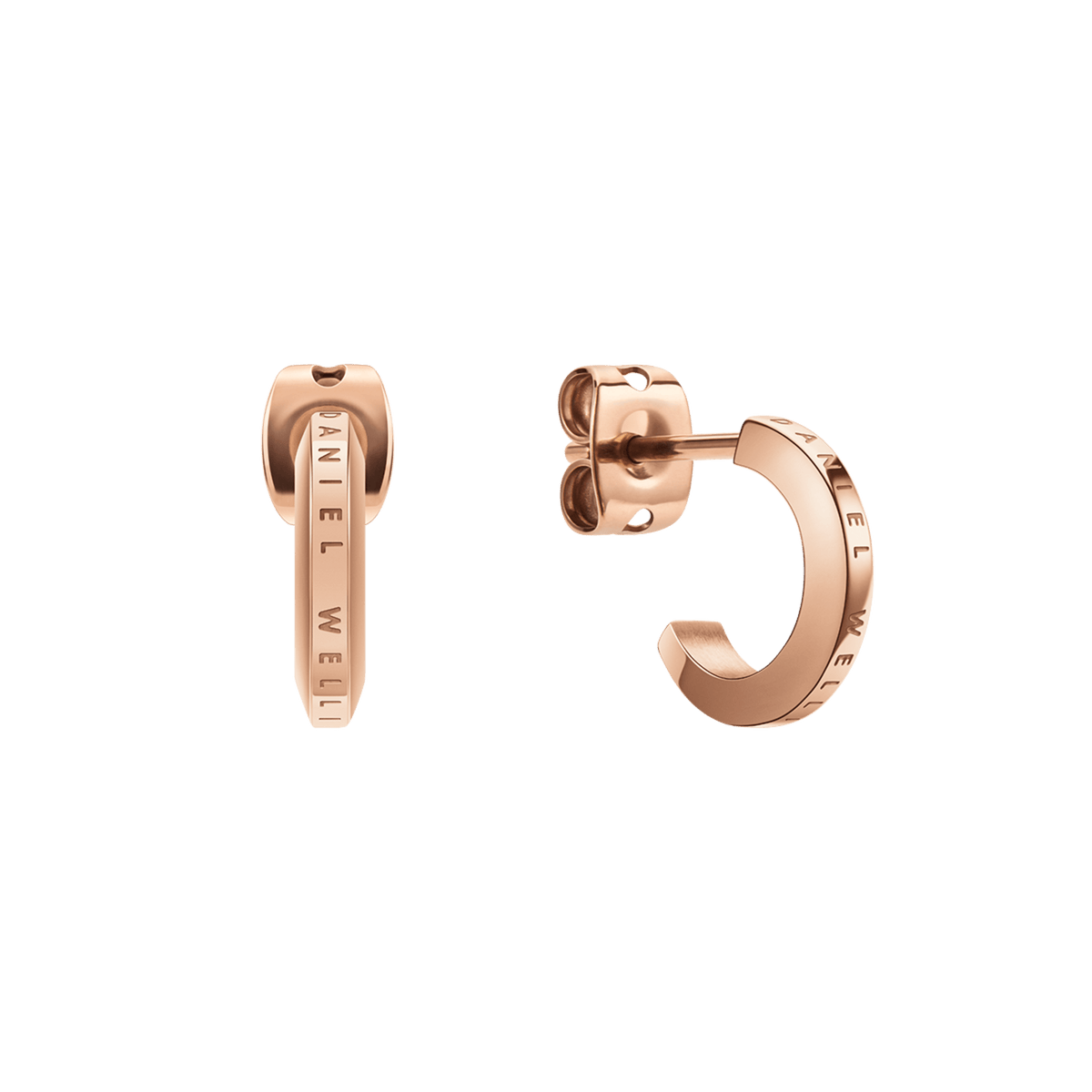 Pair of petite rose gold hoop earrings with a curved silhouette, engraved with the Daniel Wellington logo along the edge and finished with a polished shine.