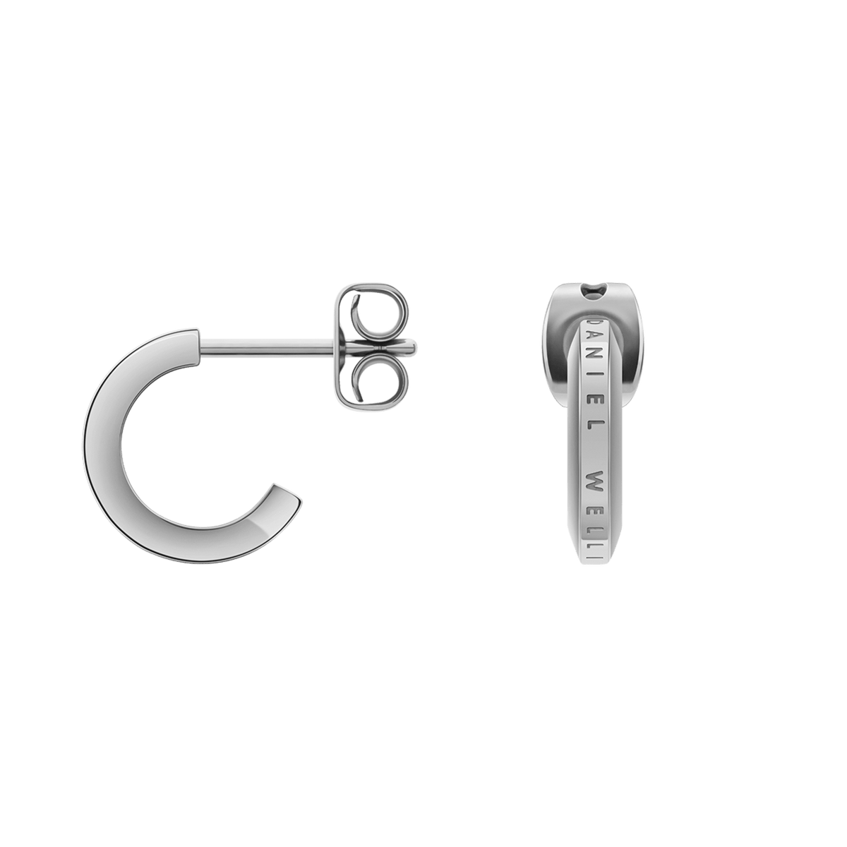 Elan Earrings Silver—small stainless steel huggie hoops with engraved Daniel Wellington logo and butterfly backs.