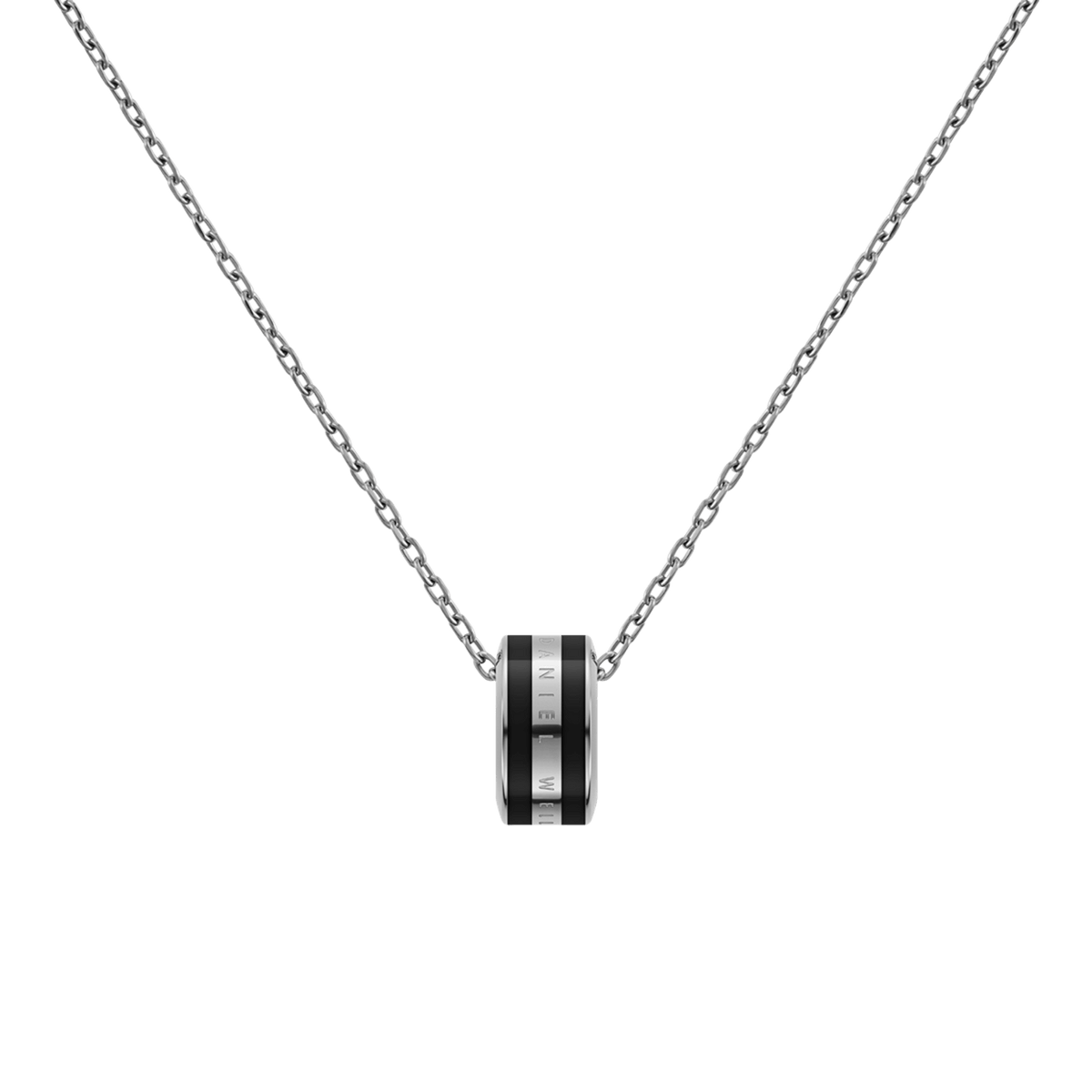Elegant Emalie Necklace Silver Black with a fine silver chain and a bold black enamel ring pendant engraved with subtle branding.