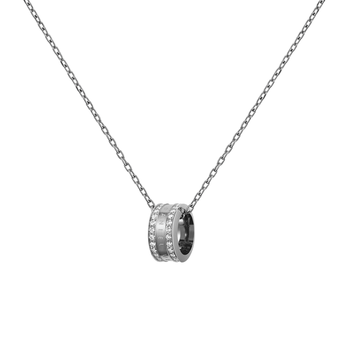 Polished silver necklace featuring a round pendant set with sparkling crystals, suspended from a delicate cable-style chain.