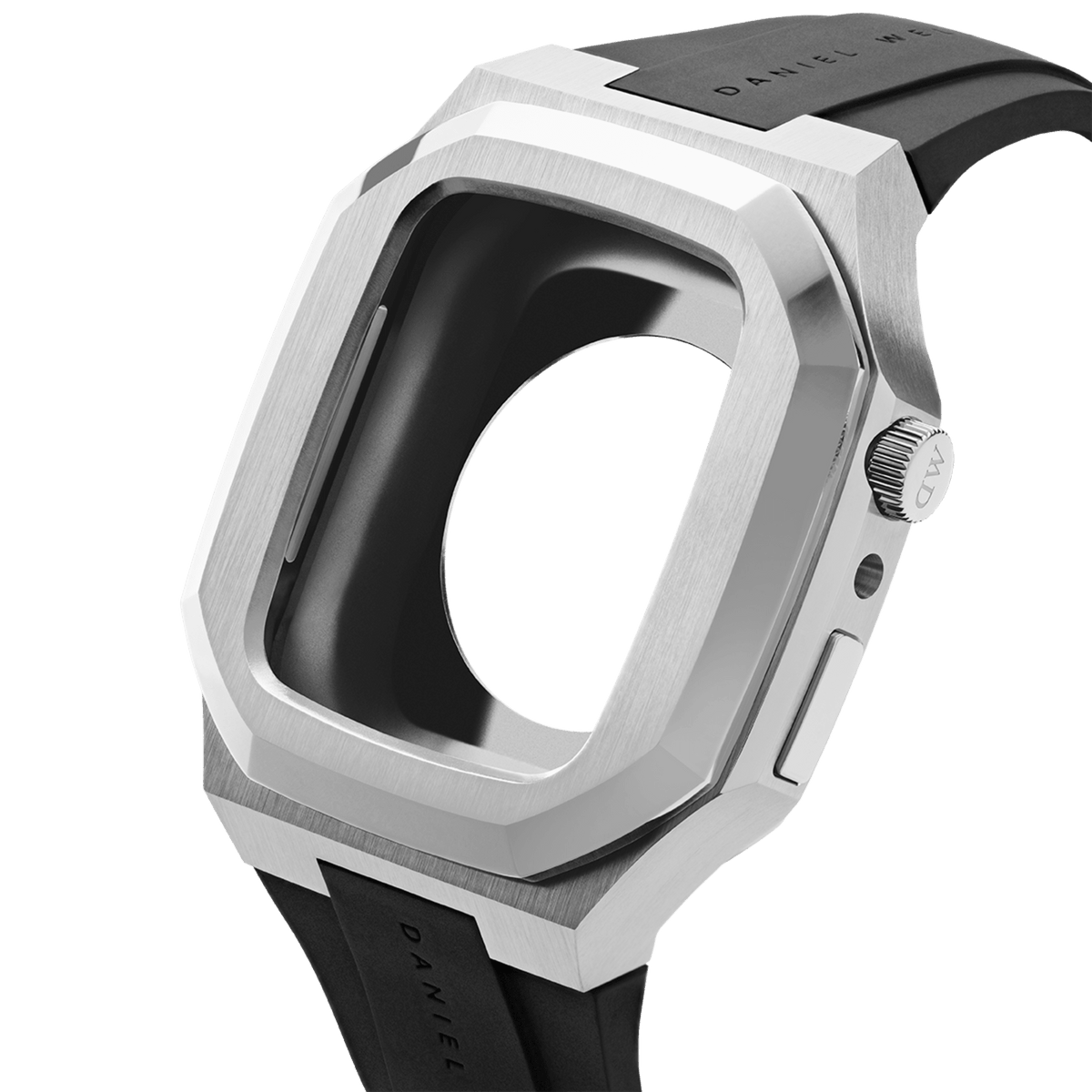 Switch Silver Apple Watch case by Daniel Wellington in brushed stainless steel with a geometric bezel and integrated black rubber strap, shown from an angled side view.