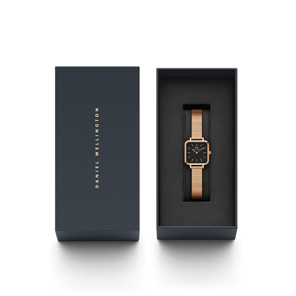 Quadro Studio Black Rose Gold watch with a square black dial and rose gold strap, elegantly presented in a dark Daniel Wellington gift box.