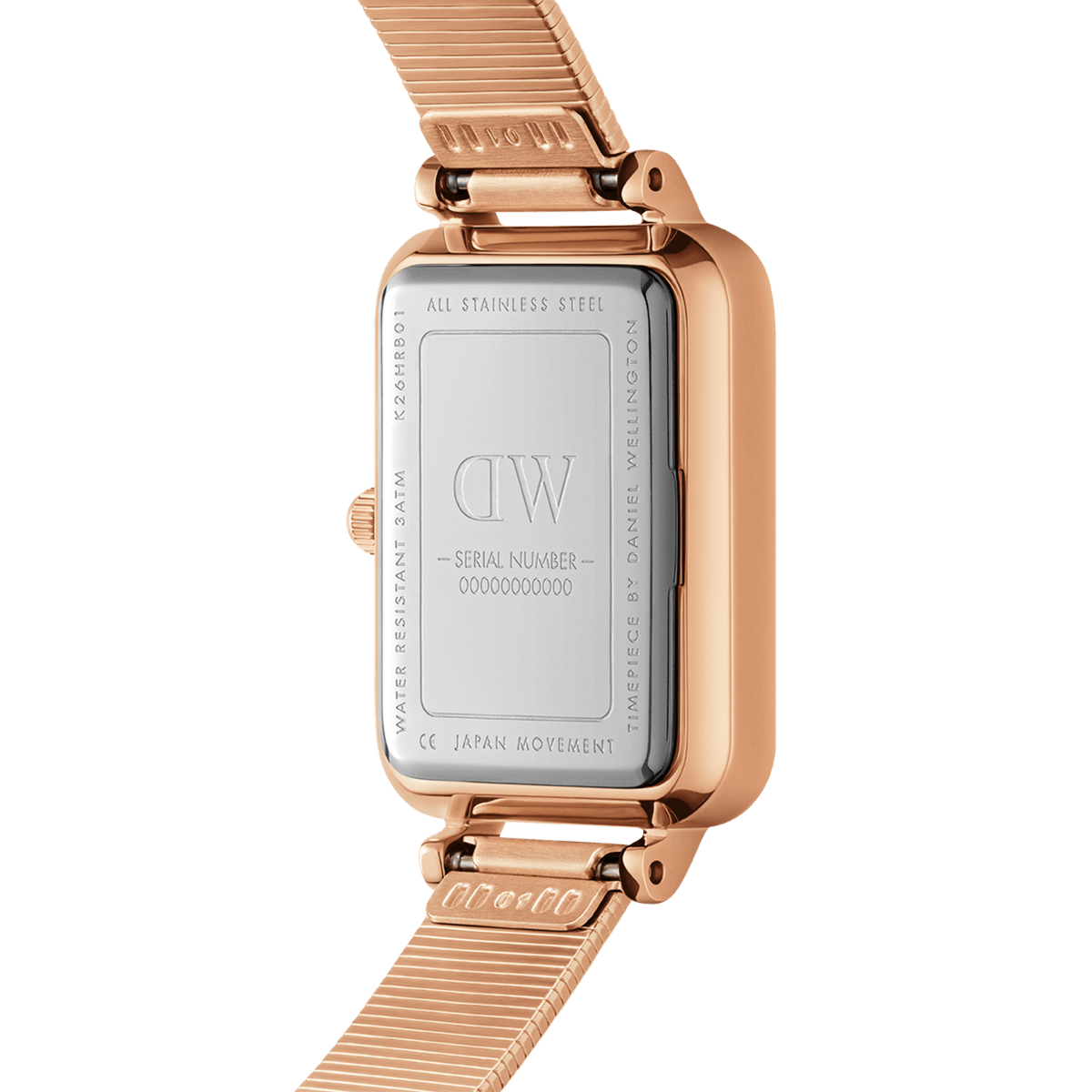 Close-up of the Quadro Lumine Pressed Piano Black MoP Rose Gold watch showing the stainless steel case back with engraved details and rose gold pressed piano link strap.