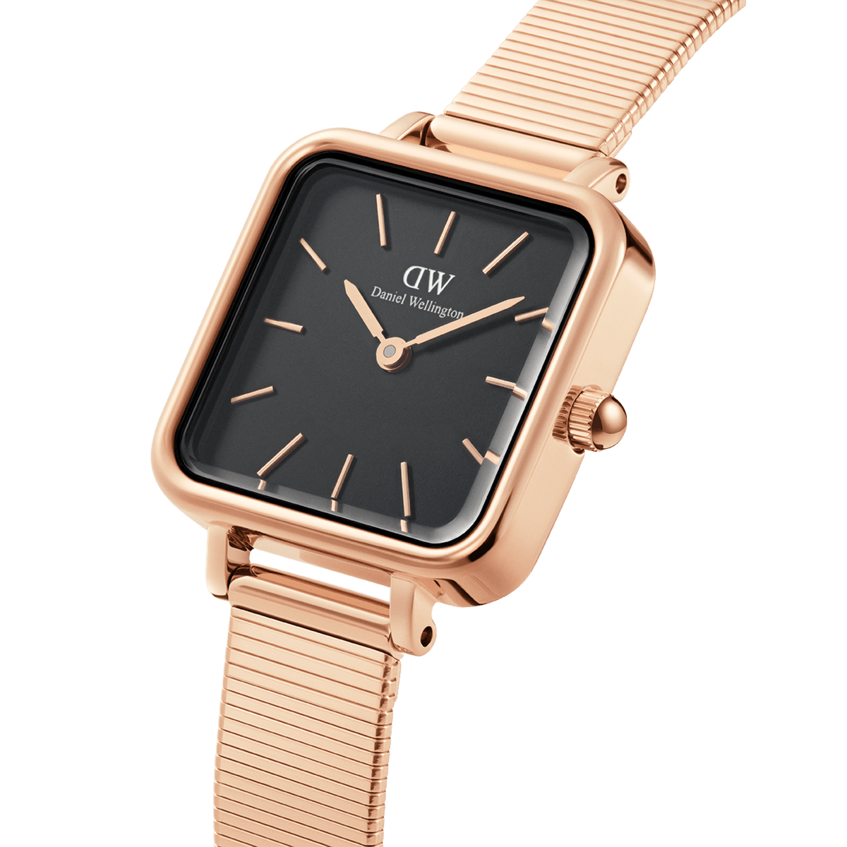 Quadro Studio Black Rose Gold women’s watch featuring a square black dial, minimalist rose gold markers, and a polished rose gold stainless steel strap.
