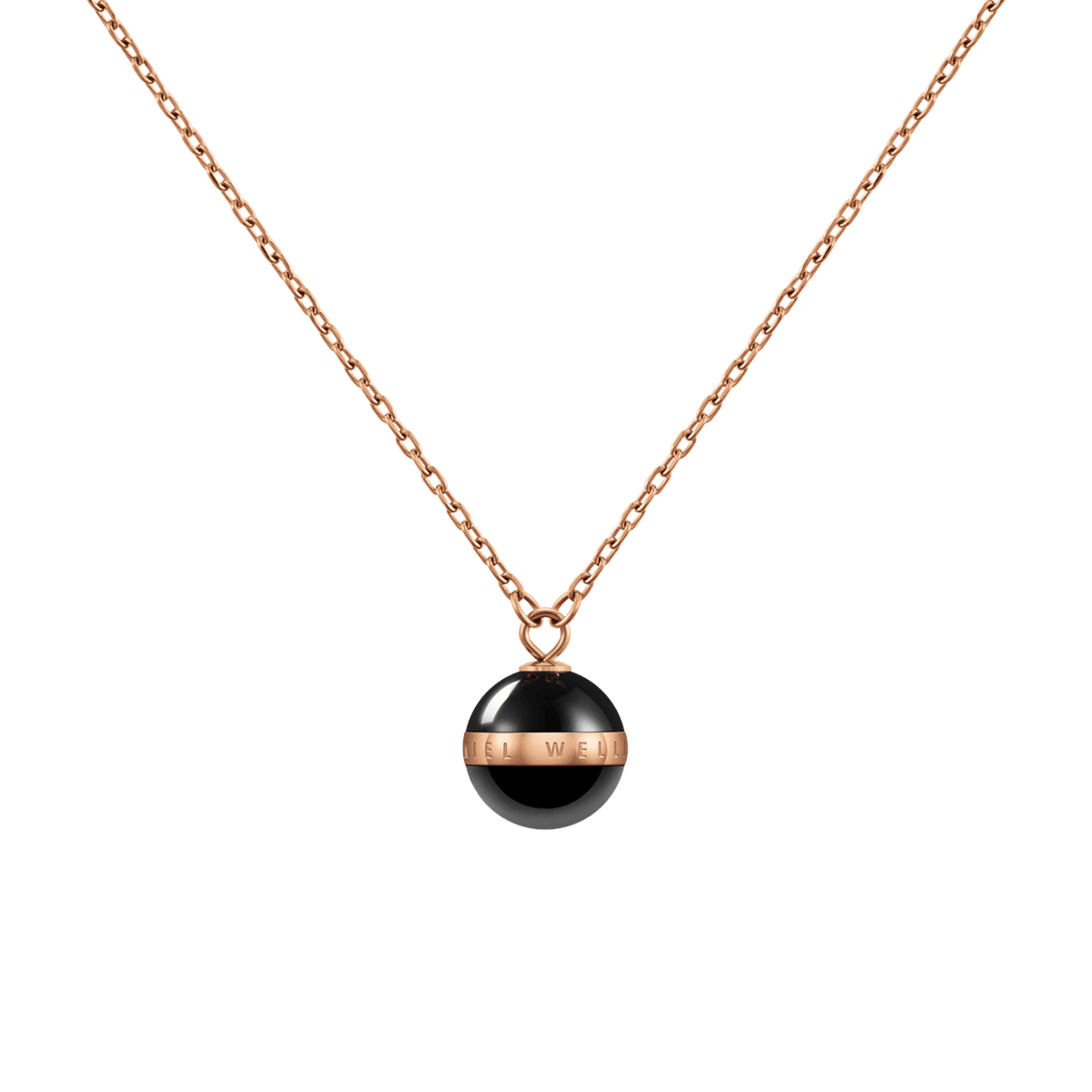 Rose gold necklace featuring a delicate chain and a black ceramic sphere pendant with a polished rose gold plated band engraved with the Daniel Wellington logo.