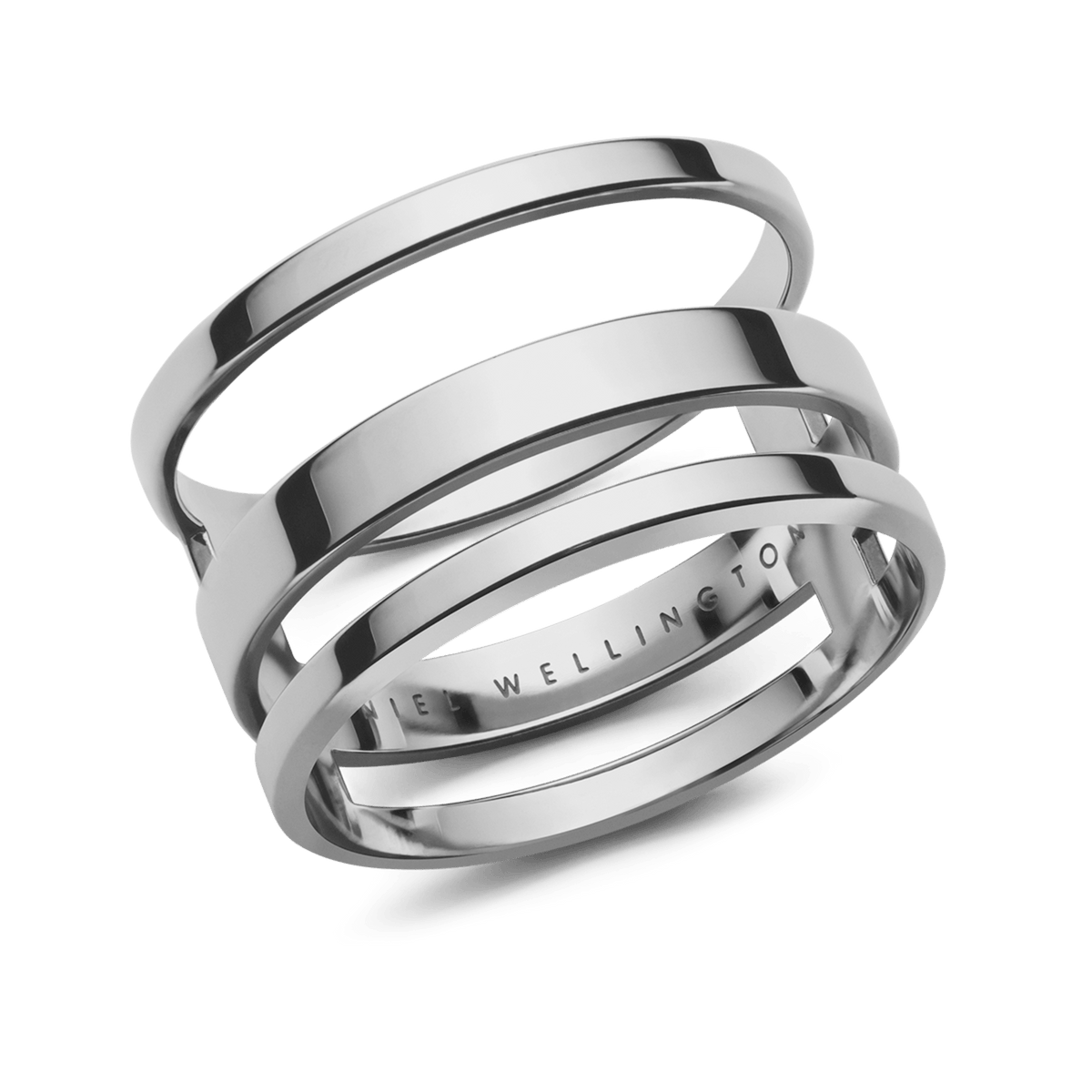 Polished silver Elan Triad Ring featuring a distinctive three-band open design crafted from stainless steel, with subtle inner logo engraving.