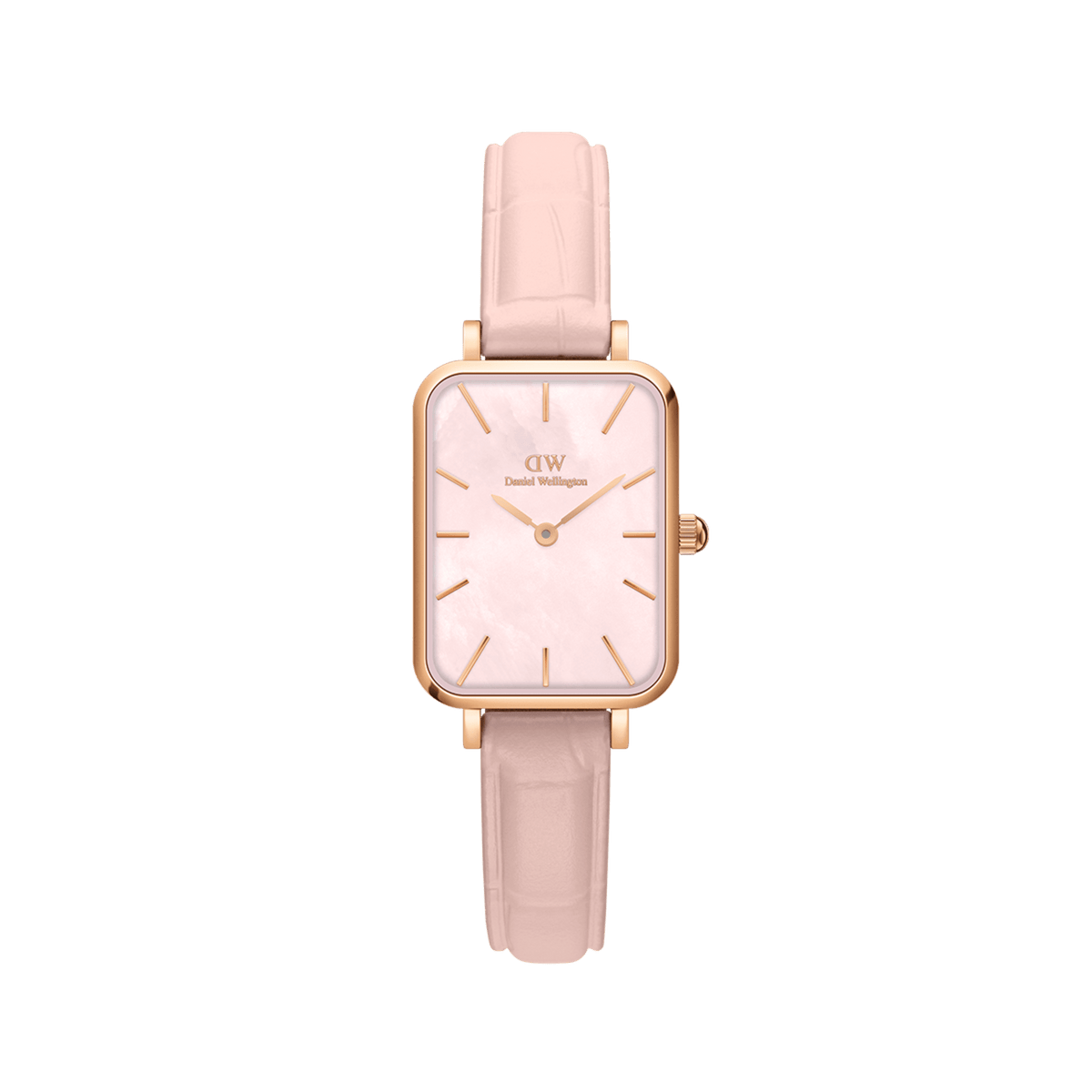 Rectangular rose gold women’s watch with a pink mother of pearl dial, gold markers, and a nude pink croc-pattern leather strap.