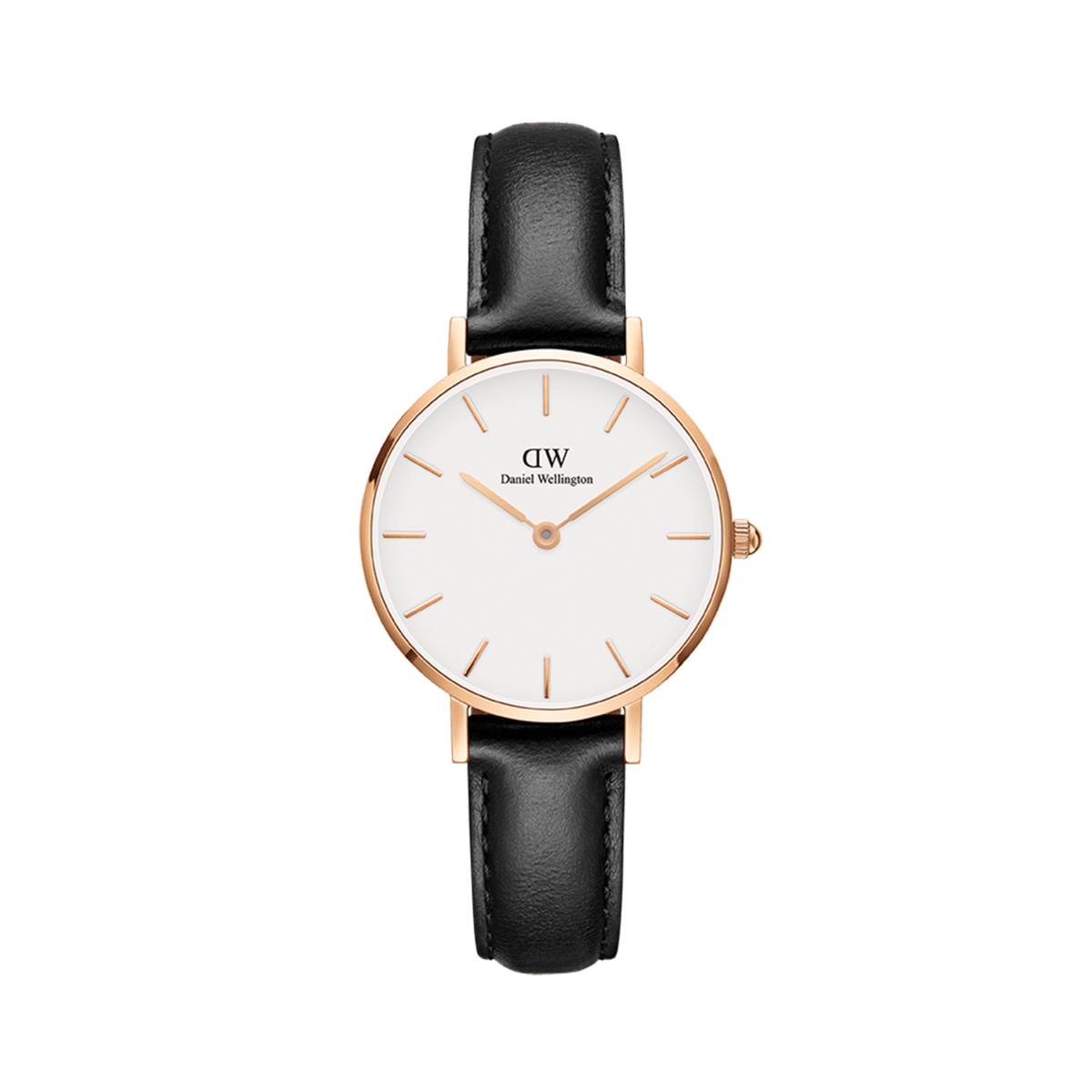 Petite Sheffield Rose Gold watch with a slim rose gold case, minimalist white dial, and a black leather strap.