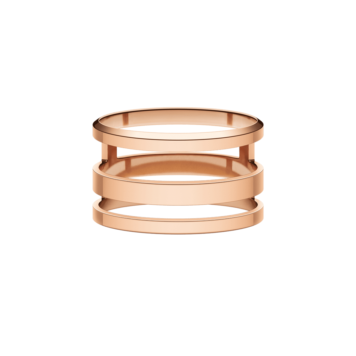 Elan Triad Ring in rose gold featuring a sleek, three-band structure with a polished finish.
