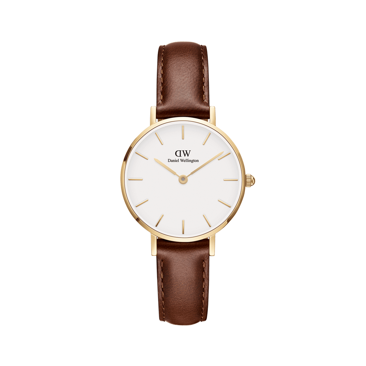 Daniel Wellington Petite St Mawes Gold women’s watch with white dial, gold case, and brown leather strap.
