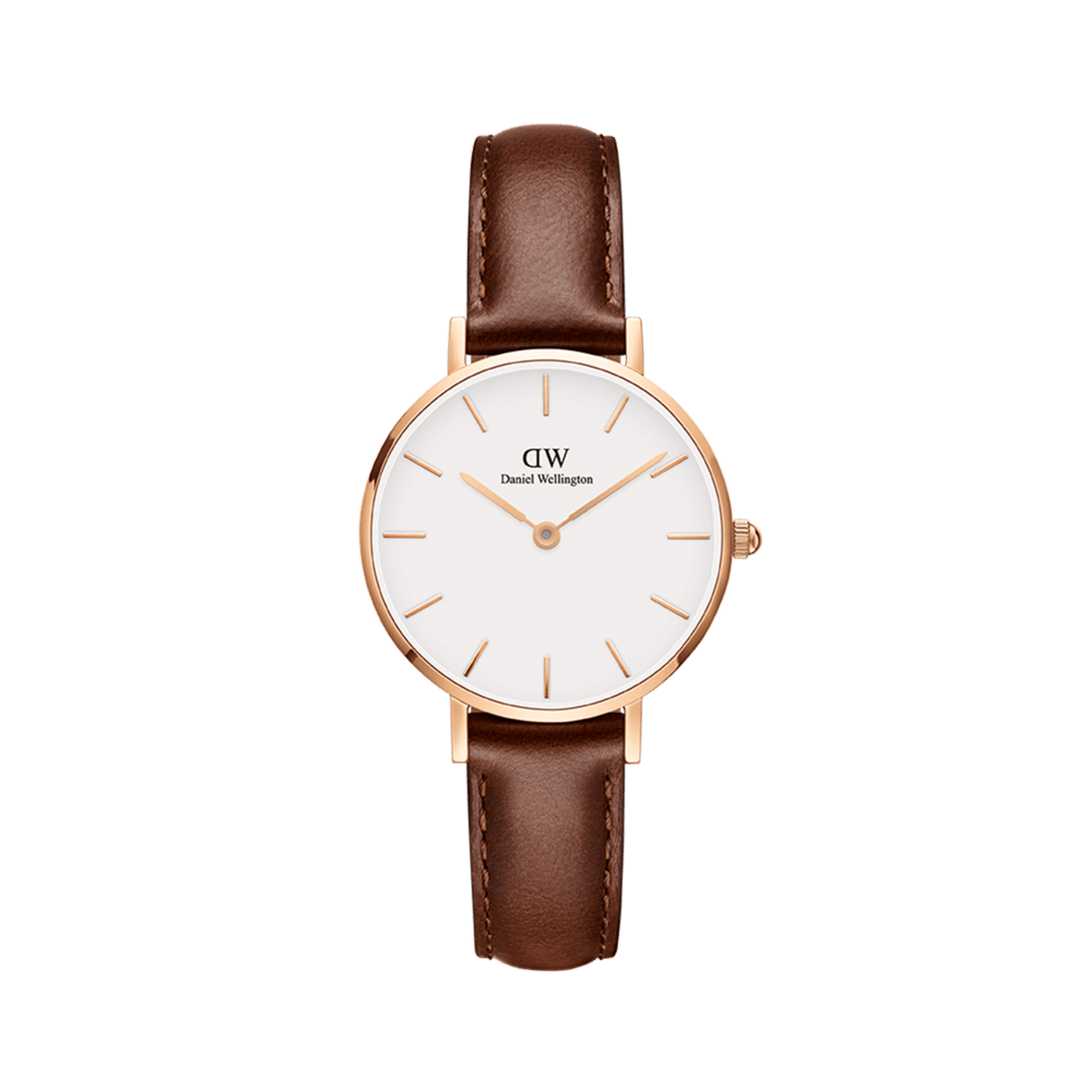 Daniel Wellington Petite St Mawes Rose Gold watch with white dial, minimalist markers, and brown Italian leather strap.