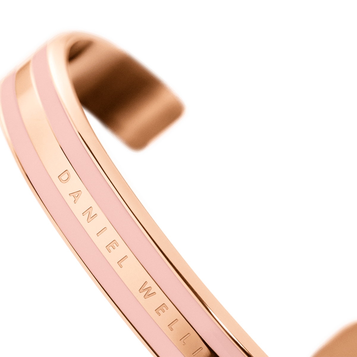Detail view of the Daniel Wellington Emalie Bracelet in dusty rose and rose gold, showing the engraved logo and smooth enamel finish.