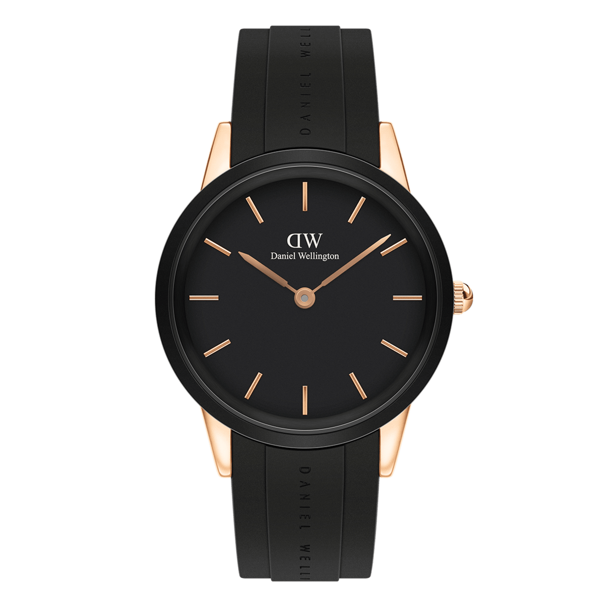 Women’s sport watch with black dial, rose gold case, minimalist markers, and black rubber strap by Daniel Wellington.