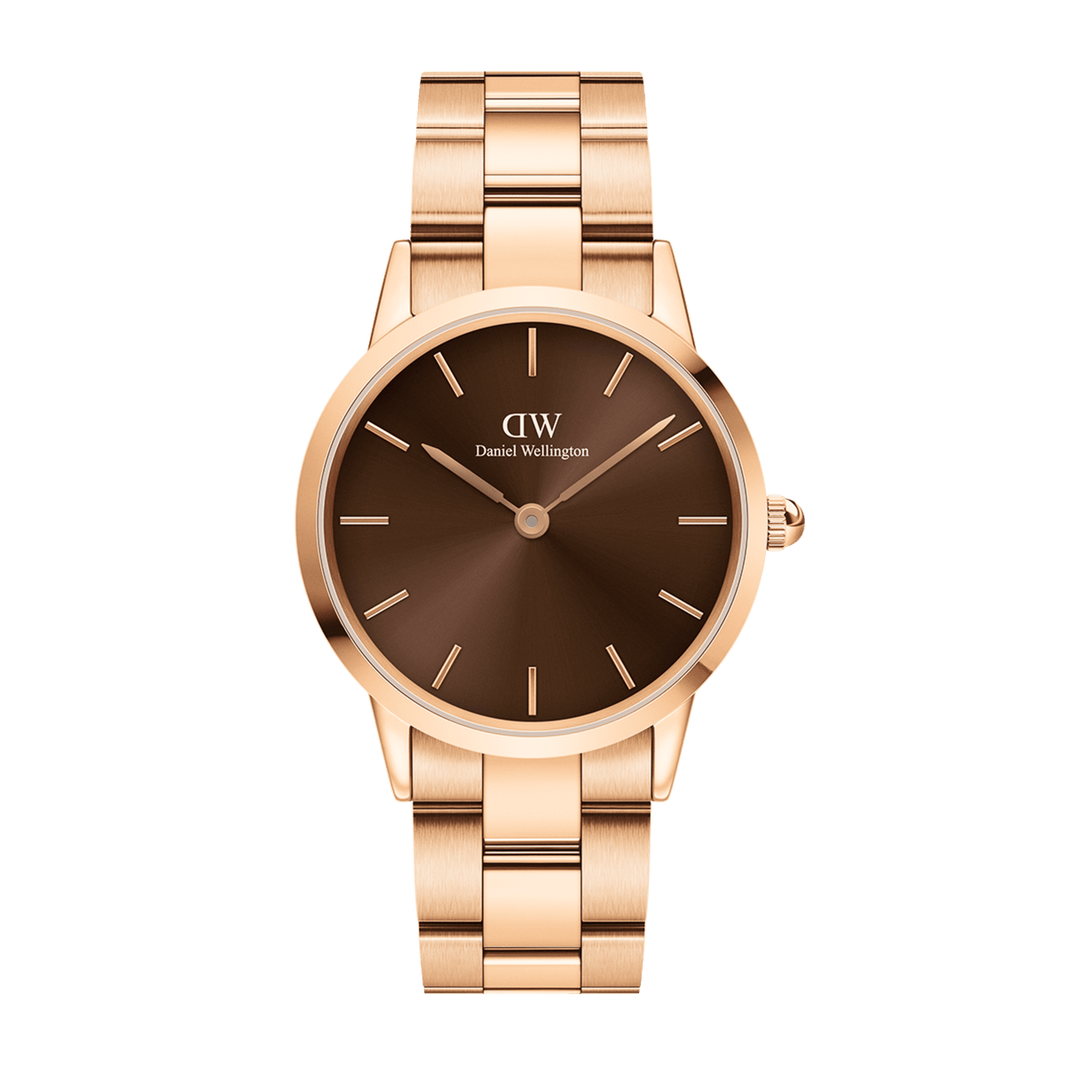 Daniel Wellington Iconic Link Amber watch featuring a polished rose gold stainless steel bracelet and a minimalist amber brown sunray dial.