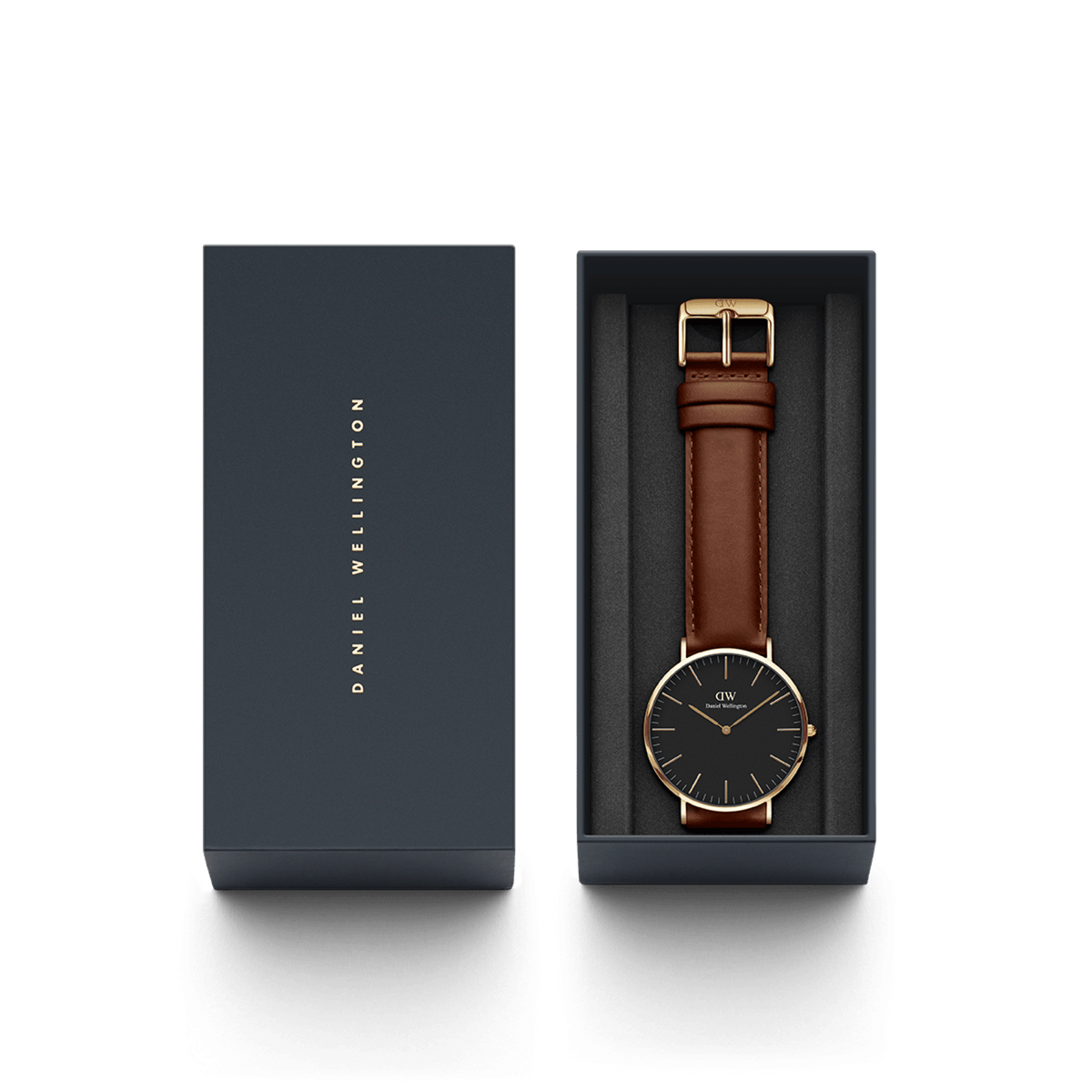 Daniel Wellington Classic St Mawes Gold watch with brown leather strap in gift box, black dial and gold case.
