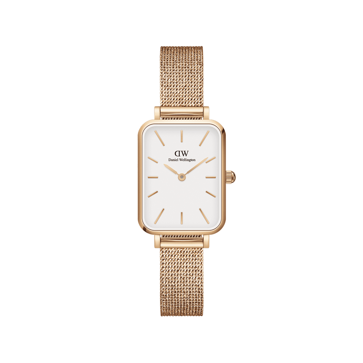Rectangular rose gold watch with an eggshell white dial and a pressed mesh stainless steel strap, featuring minimalist hour markers and a slim, elegant case.
