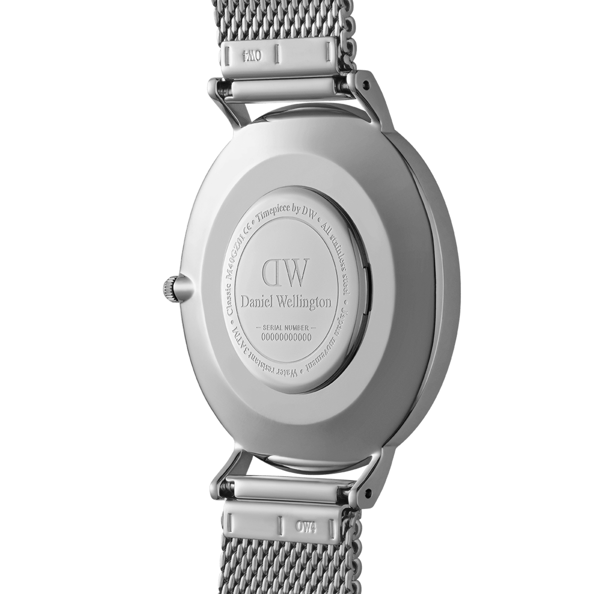Back view of the Classic Mesh Onyx watch showing the engraved stainless steel case and silver mesh strap.