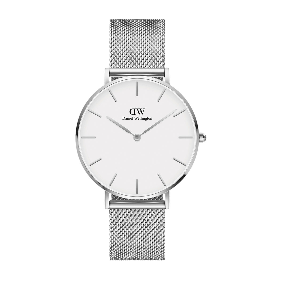 Daniel Wellington Petite Sterling women’s watch with silver mesh strap and minimalist eggshell white dial, ideal for daily wear.