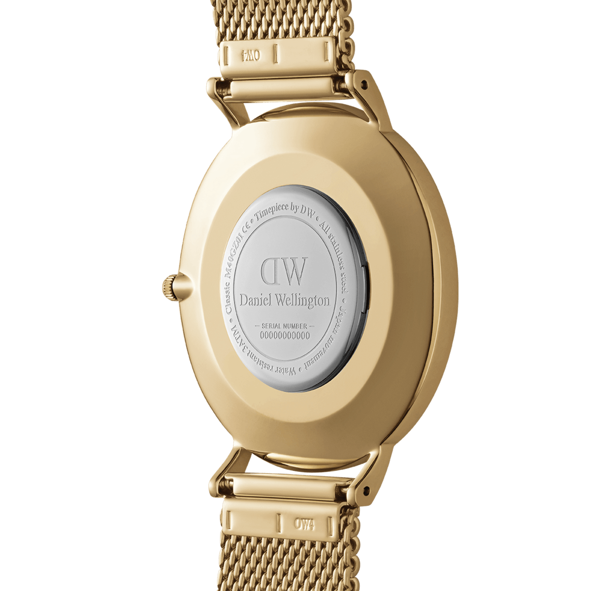Back view of the Classic Mesh Onyx Gold wristwatch showing the engraved case back, gold mesh strap, and secure clasp detailing.