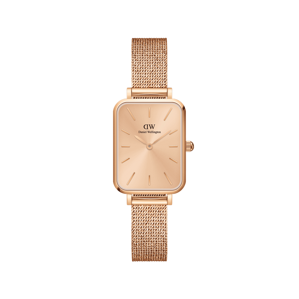 Rose gold women’s watch with a rectangular dial and pressed mesh strap, featuring minimalist hour markers and a polished stainless steel finish.