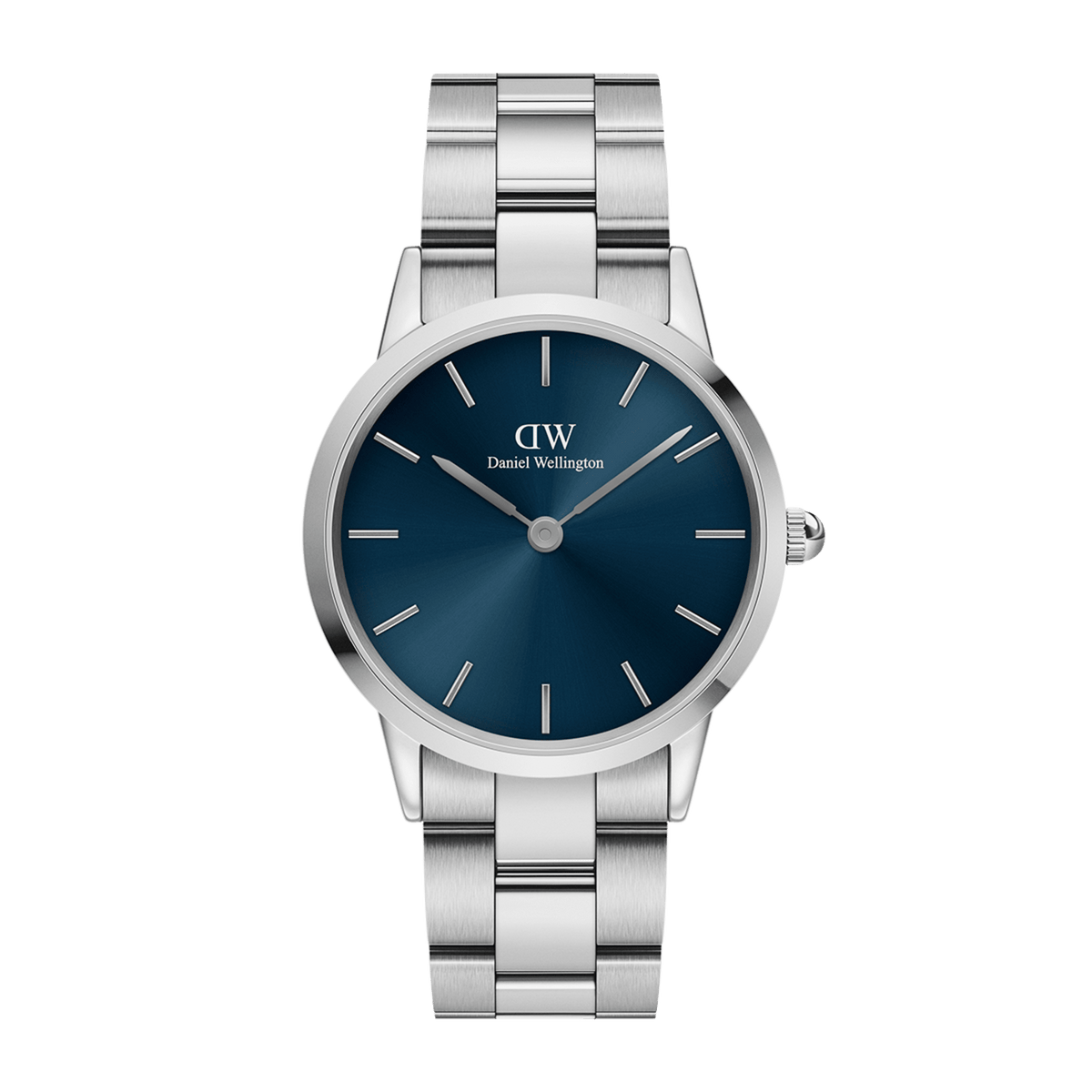 Daniel Wellington Iconic Link Arctic watch with a round silver stainless steel case, deep blue sunray dial, and sleek silver link bracelet.