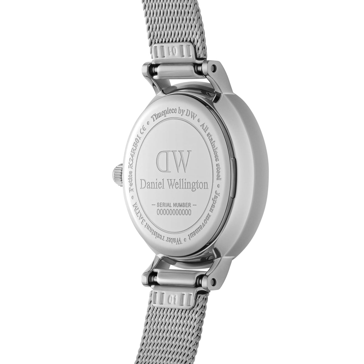 Daniel Wellington Petite Unitone Silver watch back, engraved stainless steel case and adjustable silver mesh strap.
