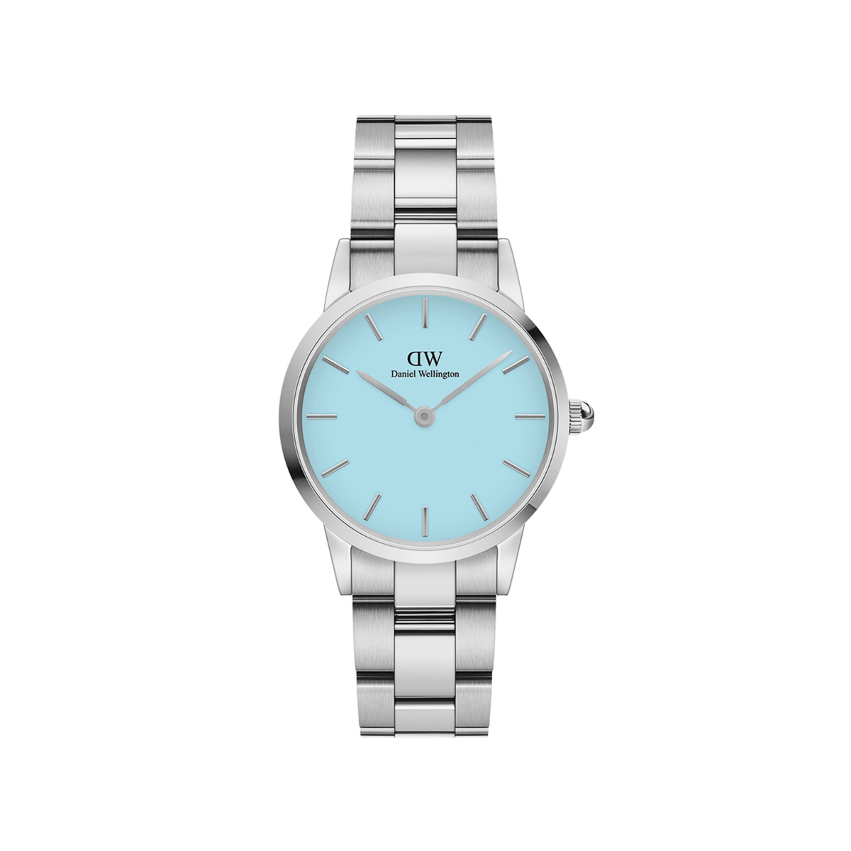 Daniel Wellington Iconic Link Capri Silver women’s watch with pastel blue dial and polished stainless steel bracelet.
