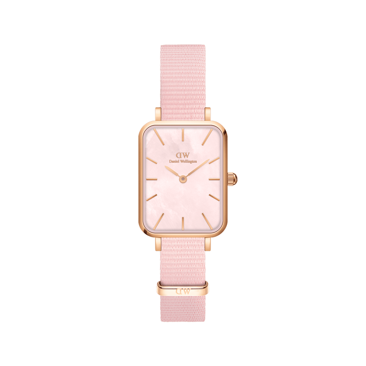 Rectangular rose gold women’s watch with pink mother-of-pearl dial and light pink NATO strap, Daniel Wellington Quadro Coral.
